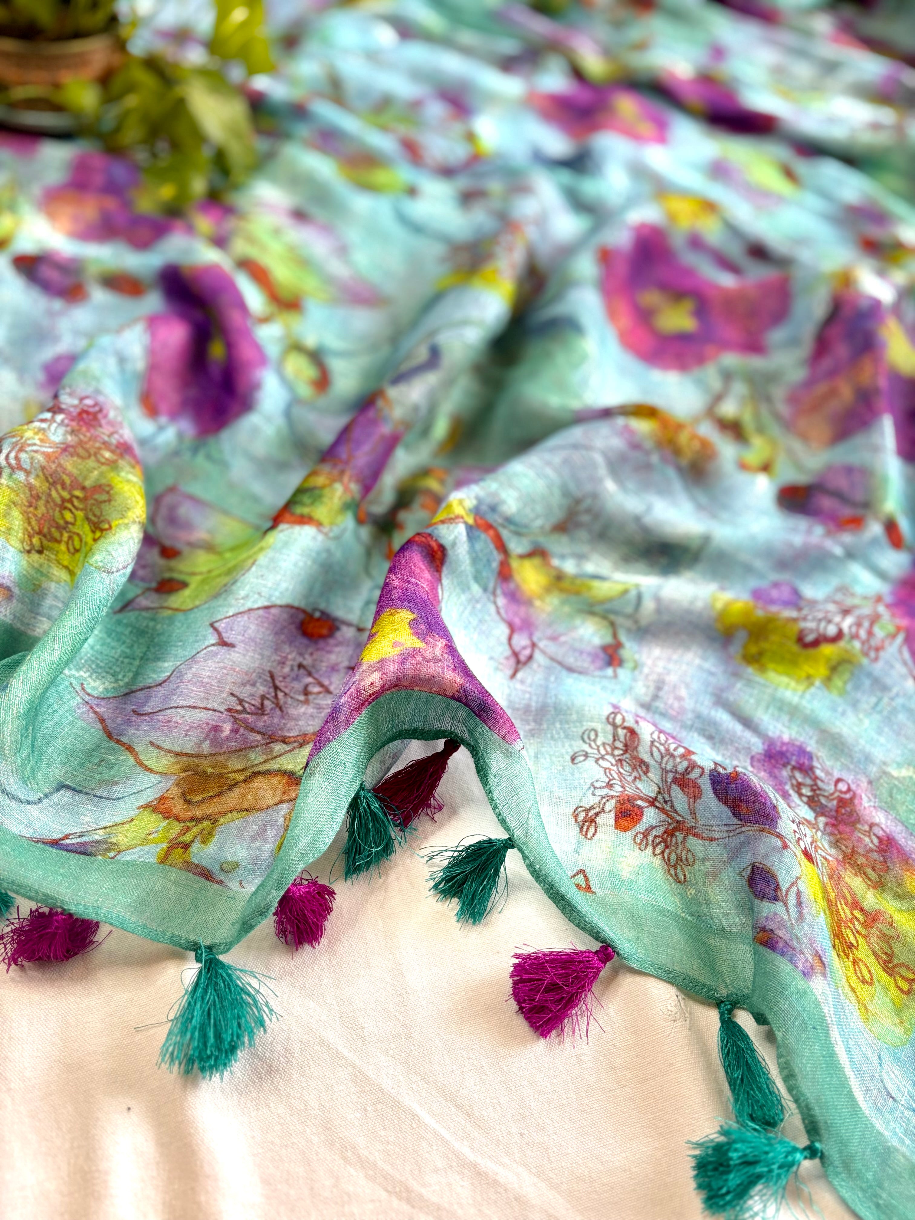Blue & Purple Floral Pure Linen Saree