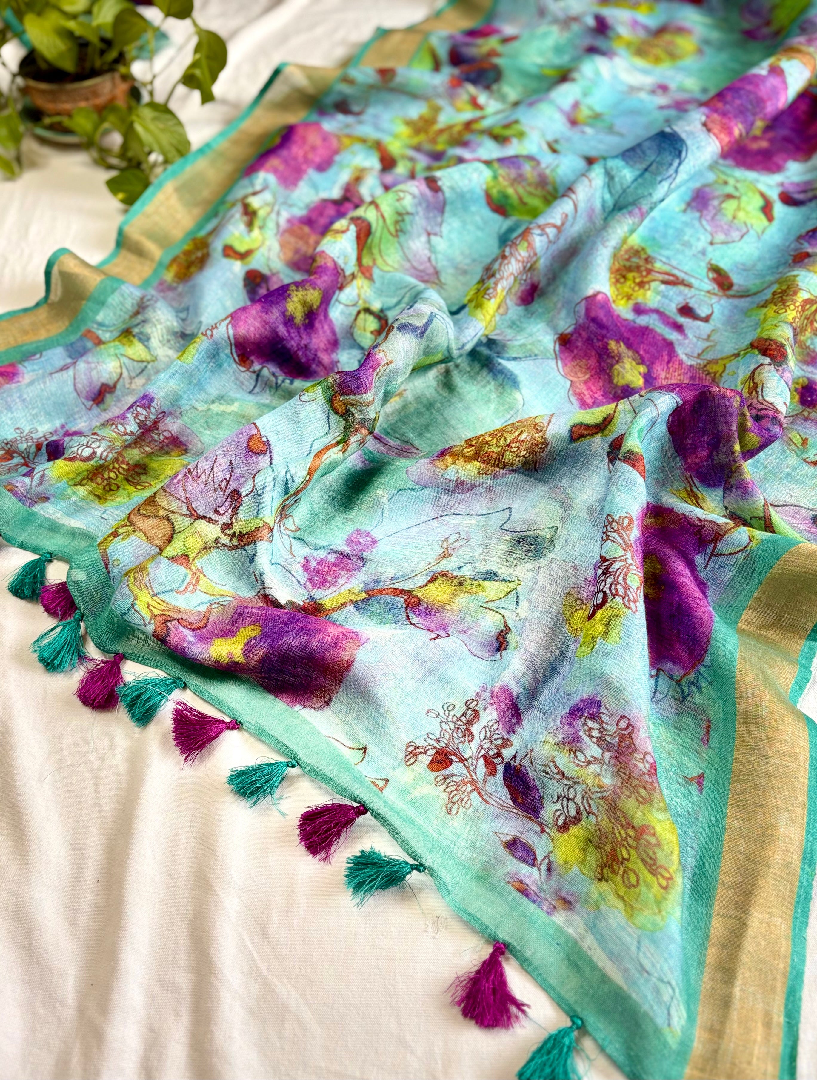 Blue & Purple Floral Pure Linen Saree