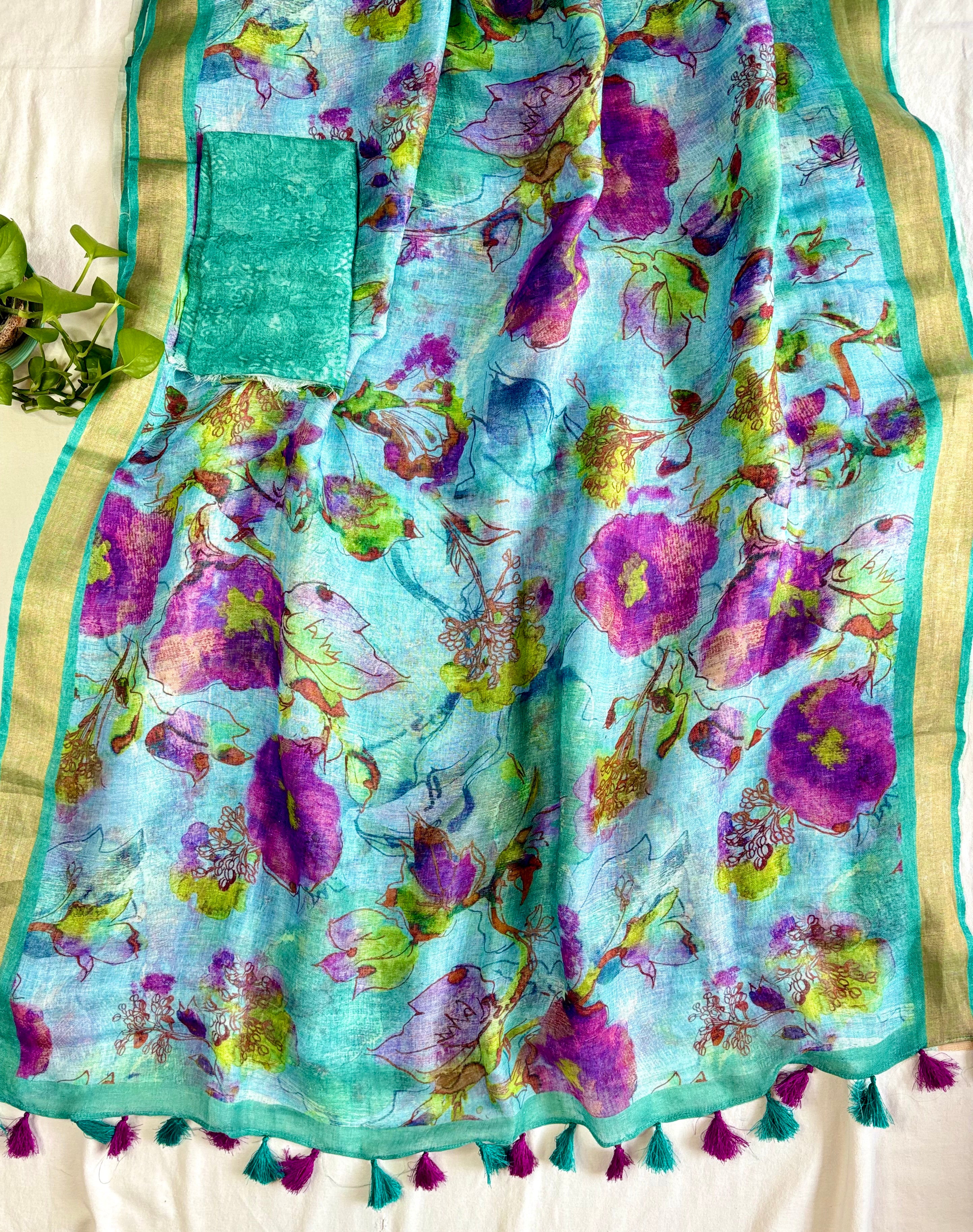 Blue & Purple Floral Pure Linen Saree