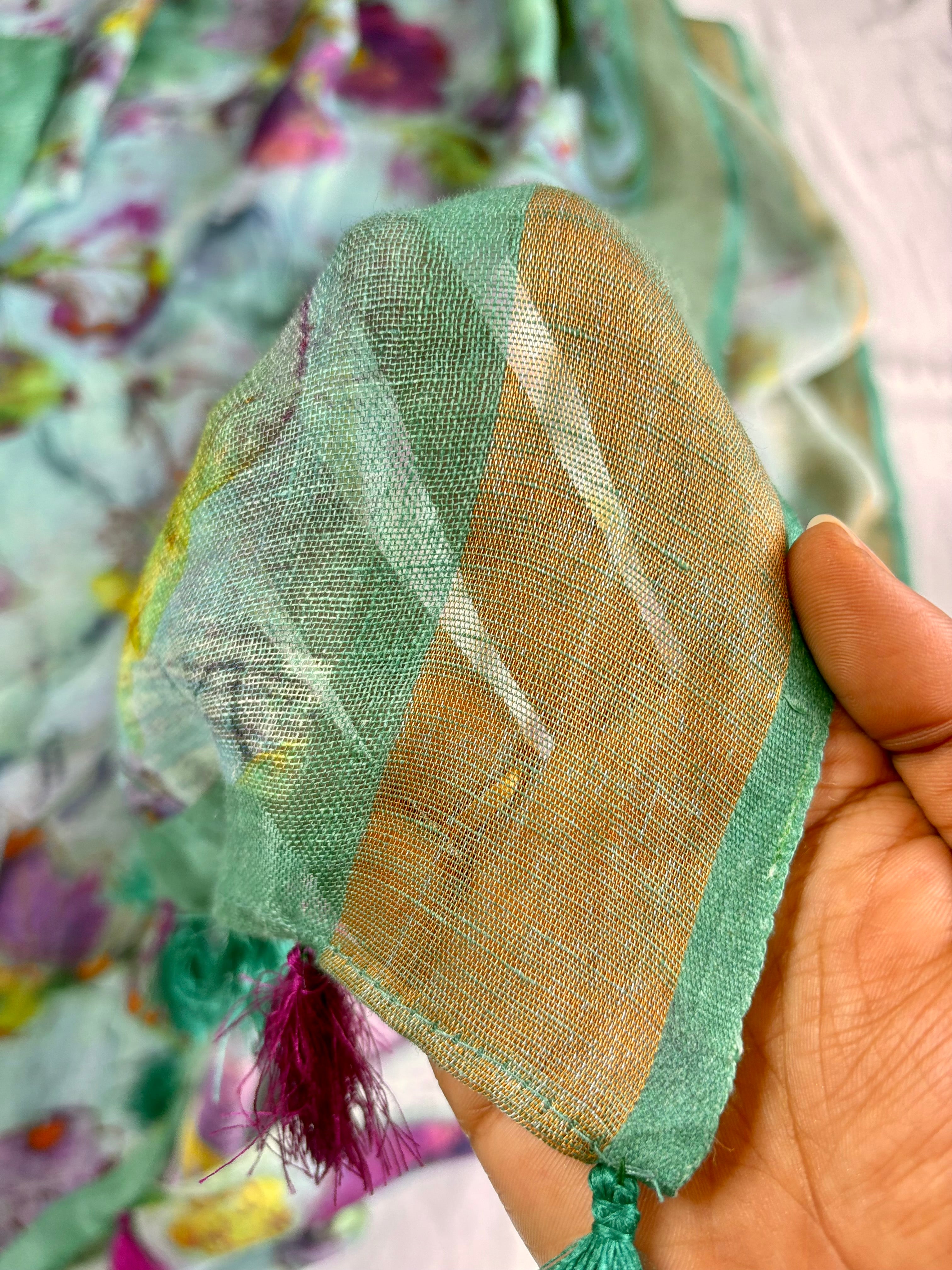 Blue & Purple Floral Pure Linen Saree