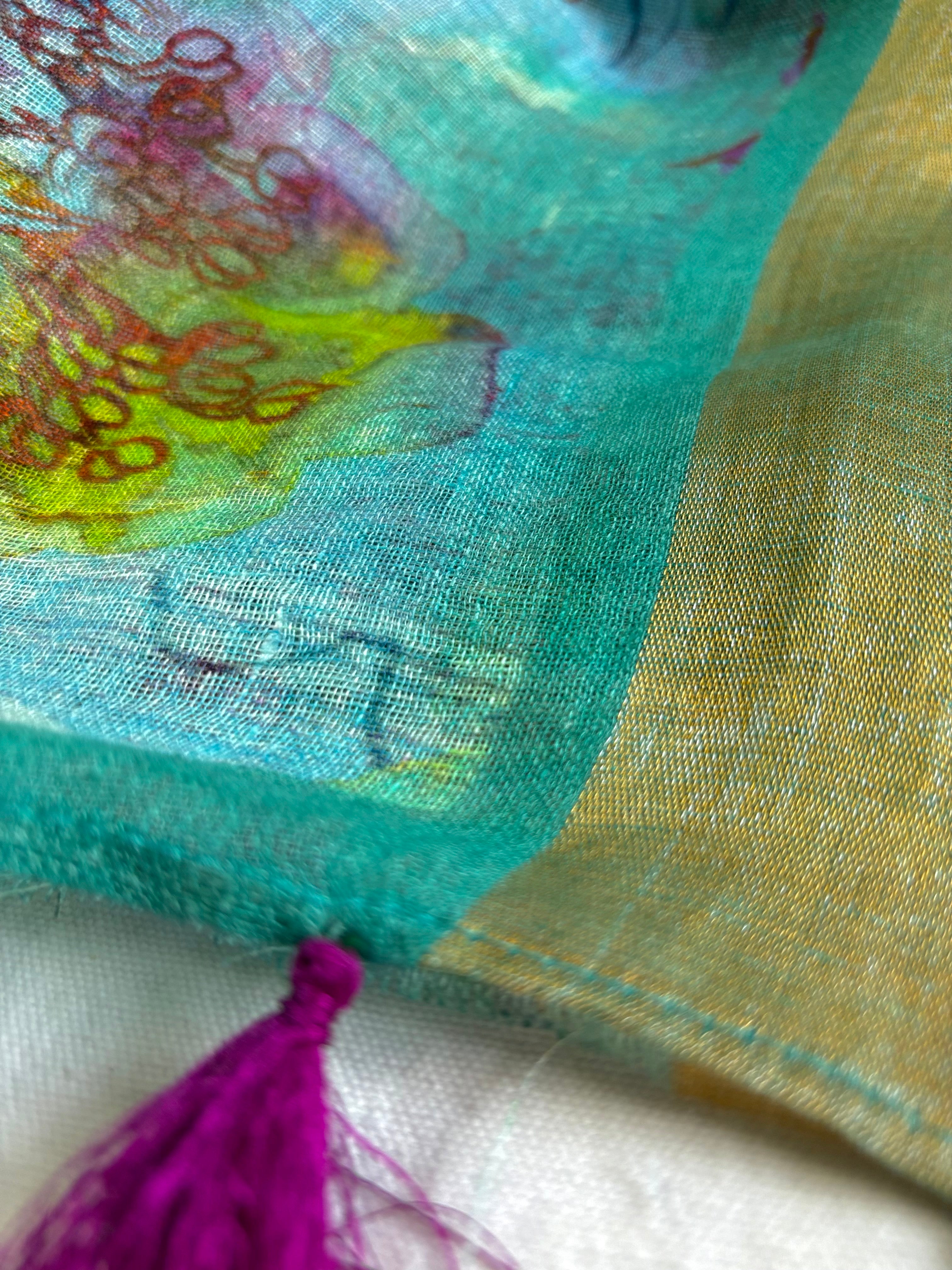 Blue & Purple Floral Pure Linen Saree