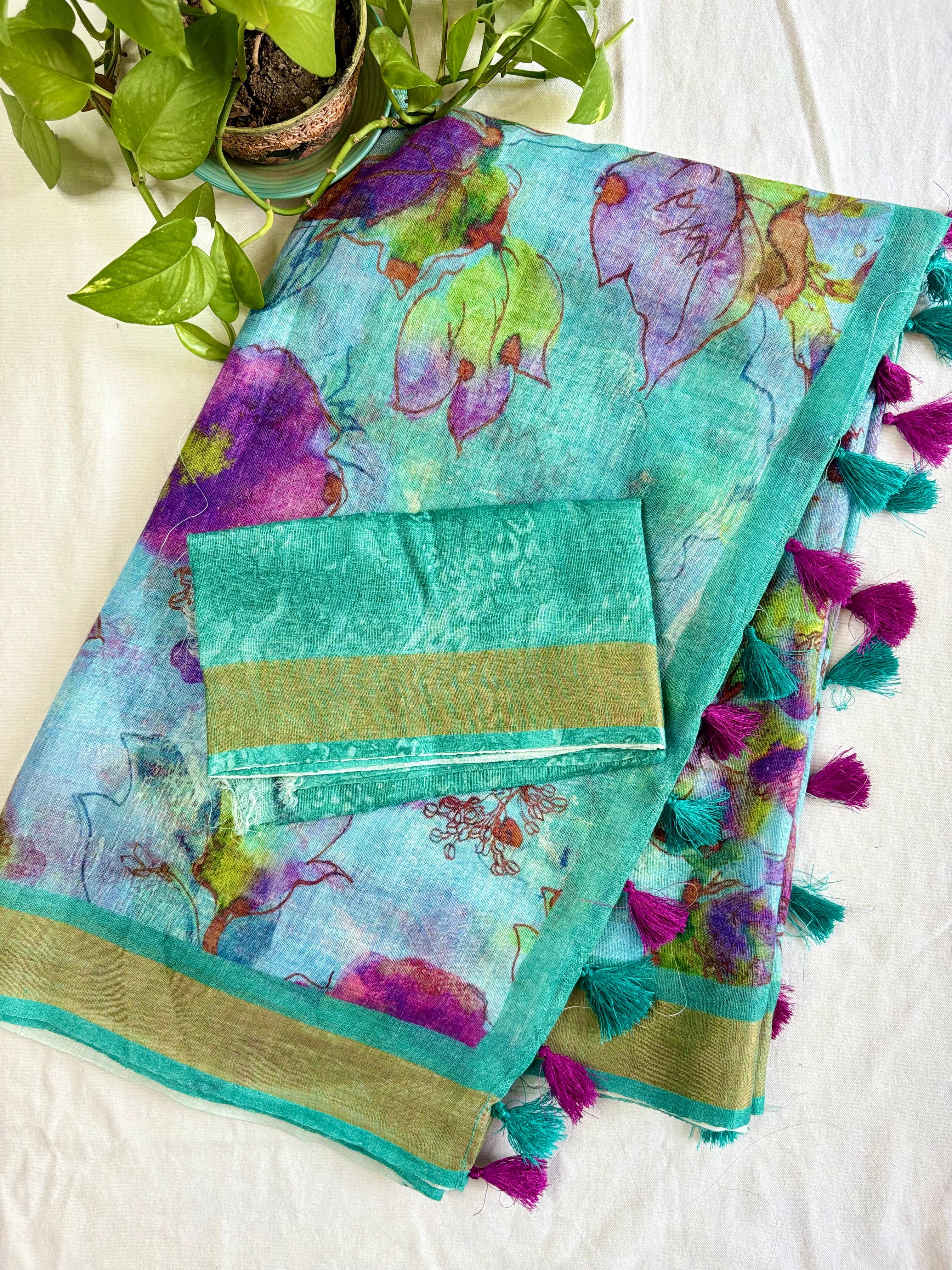 Blue & Purple Floral Pure Linen Saree