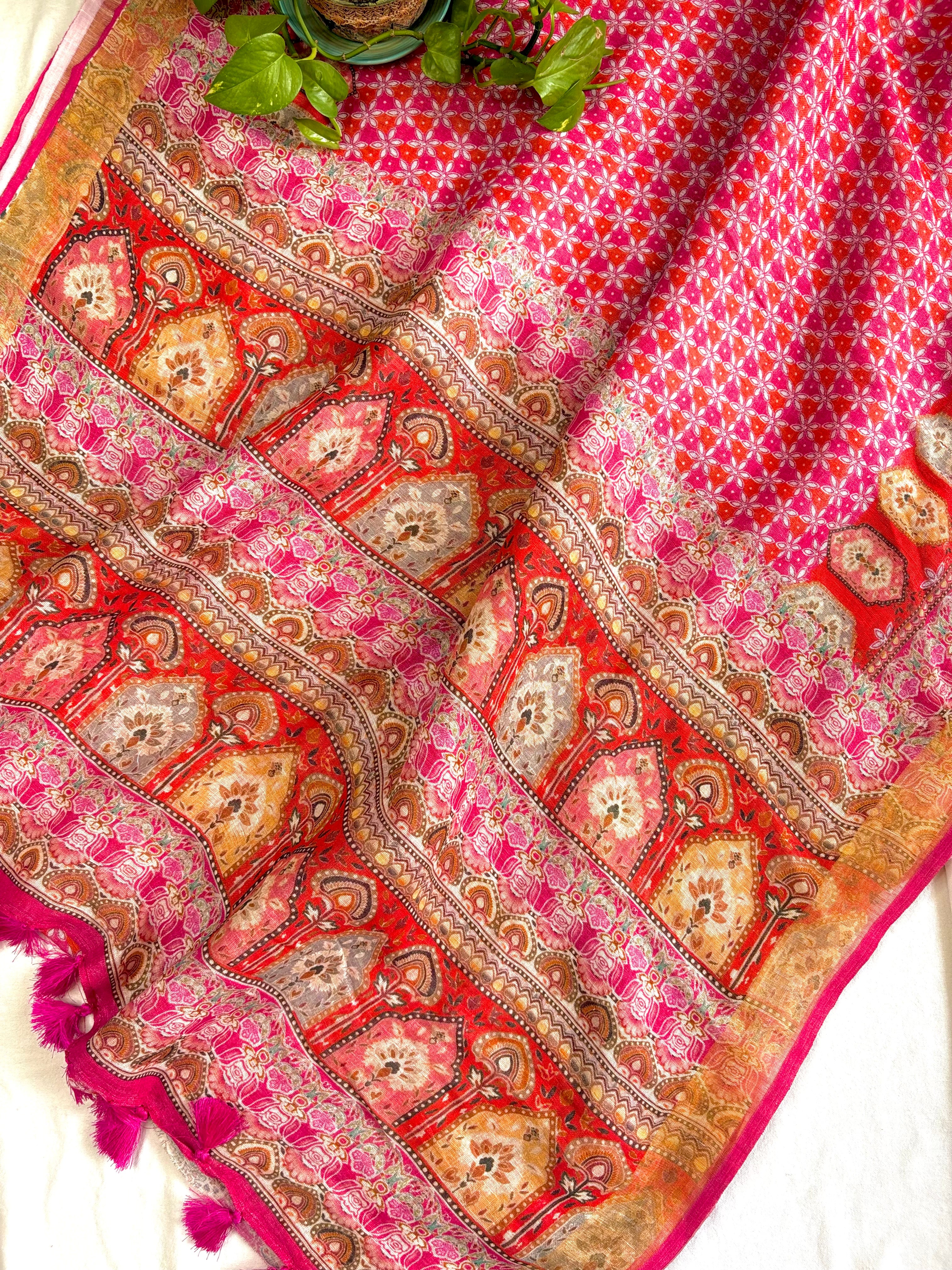 Pink Floral Pure Linen Saree