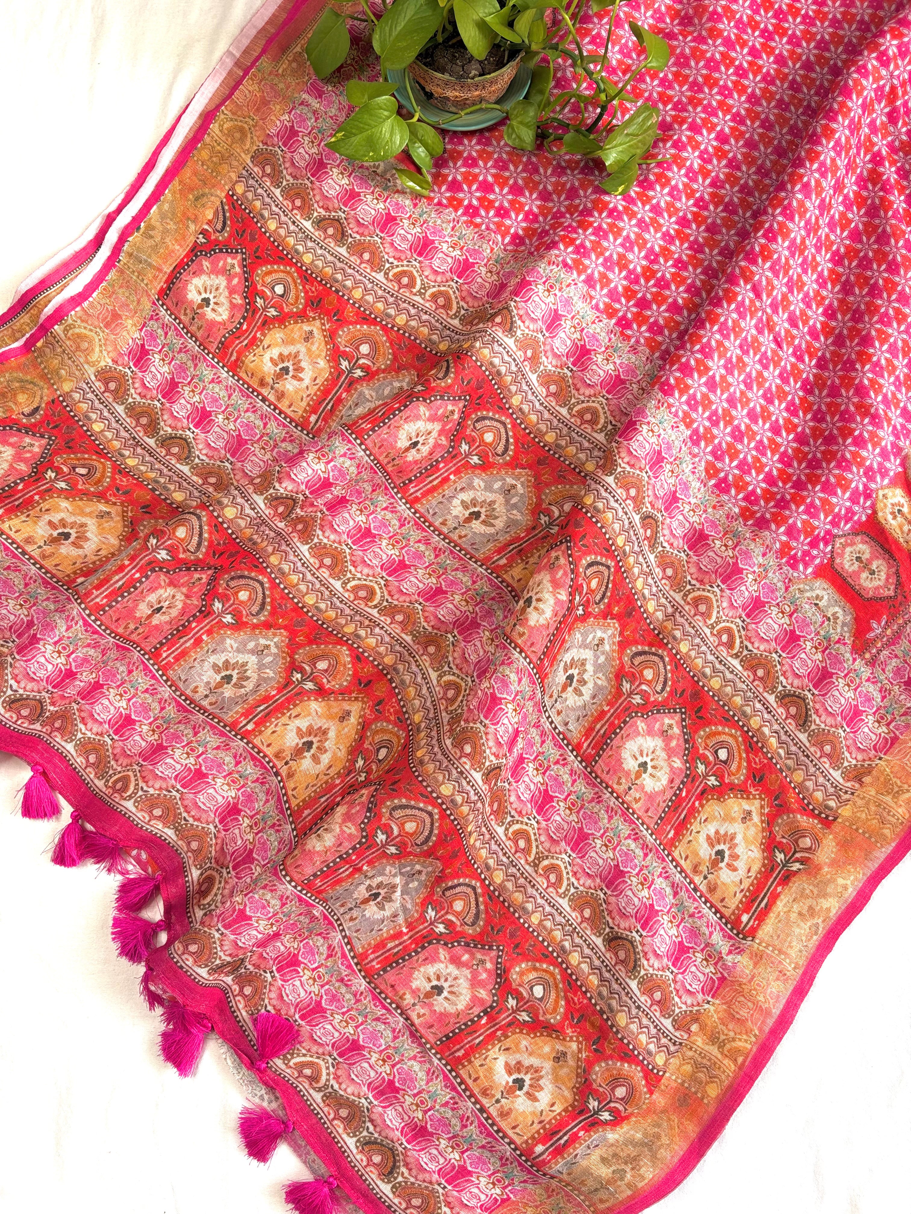 Pink Floral Pure Linen Saree