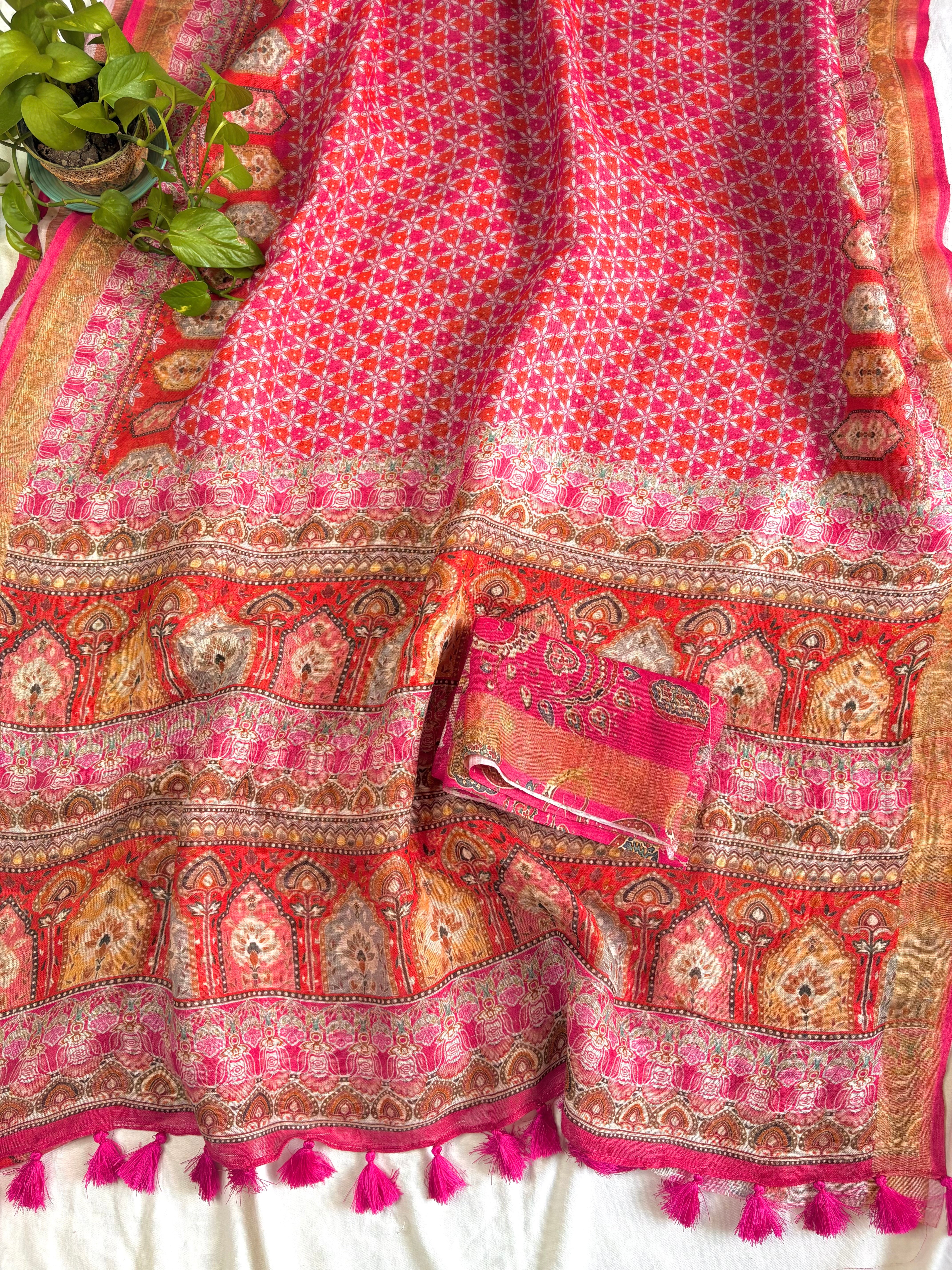 Pink Floral Pure Linen Saree
