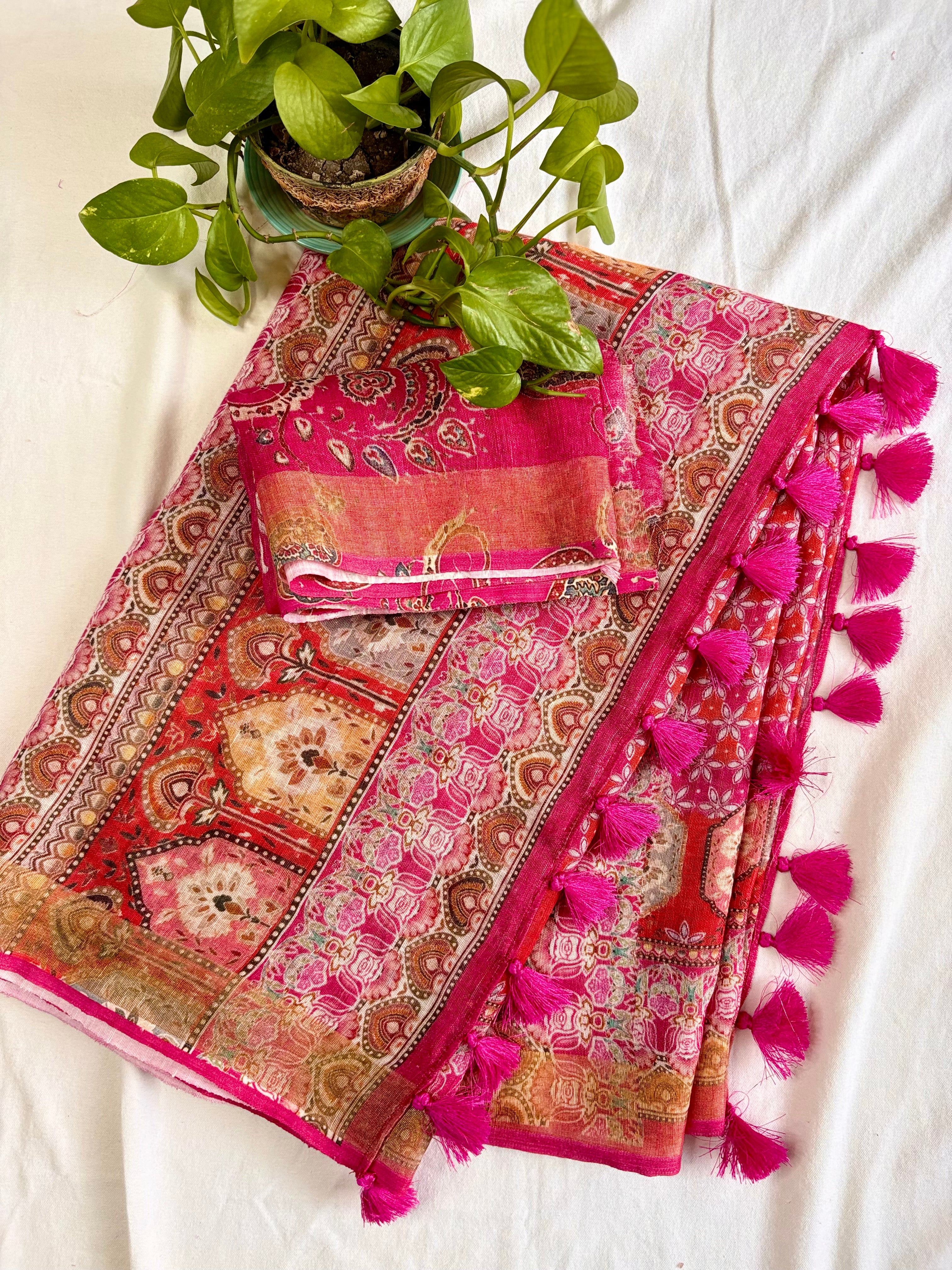 Pink Floral Pure Linen Saree