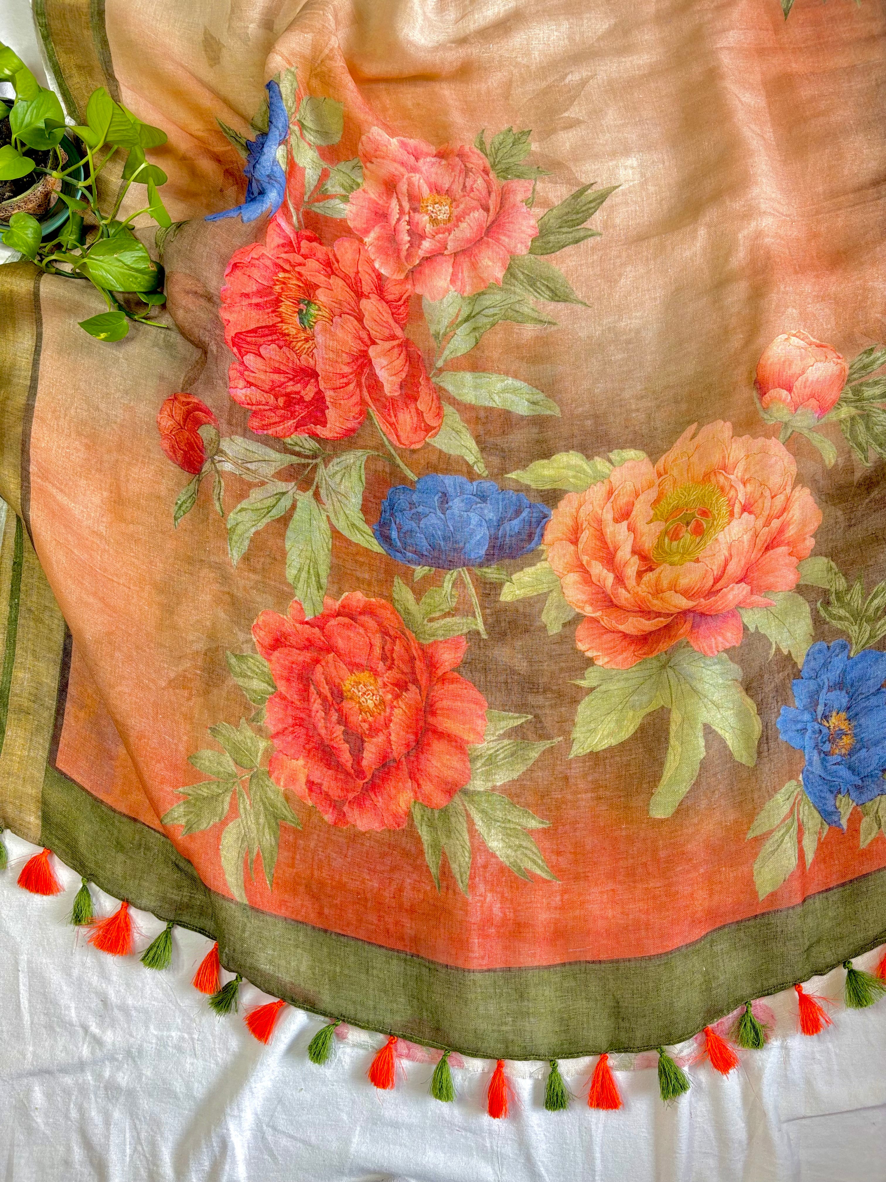 Cream and Brown Floral Pure Linen Saree