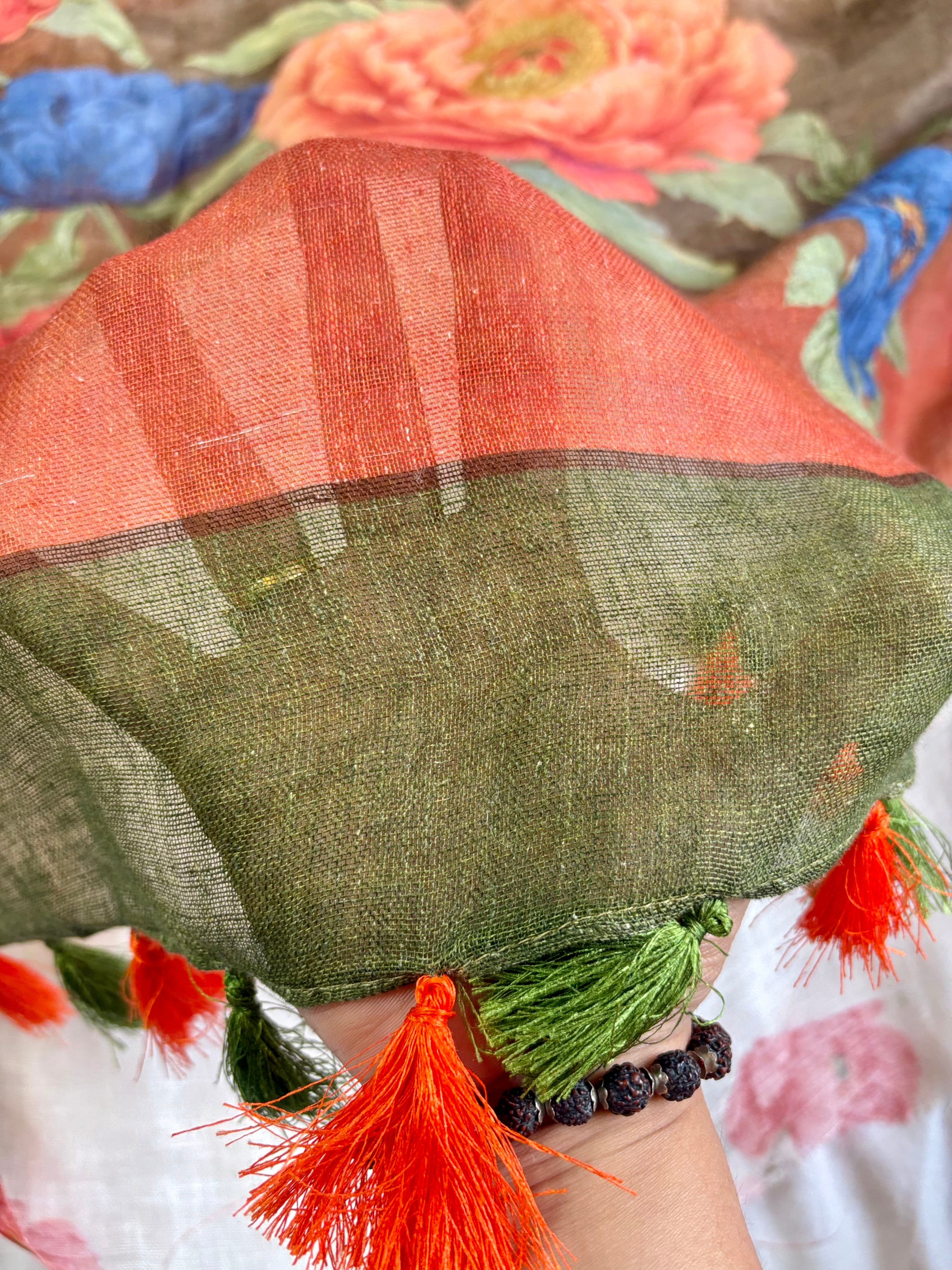 Cream and Brown Floral Pure Linen Saree