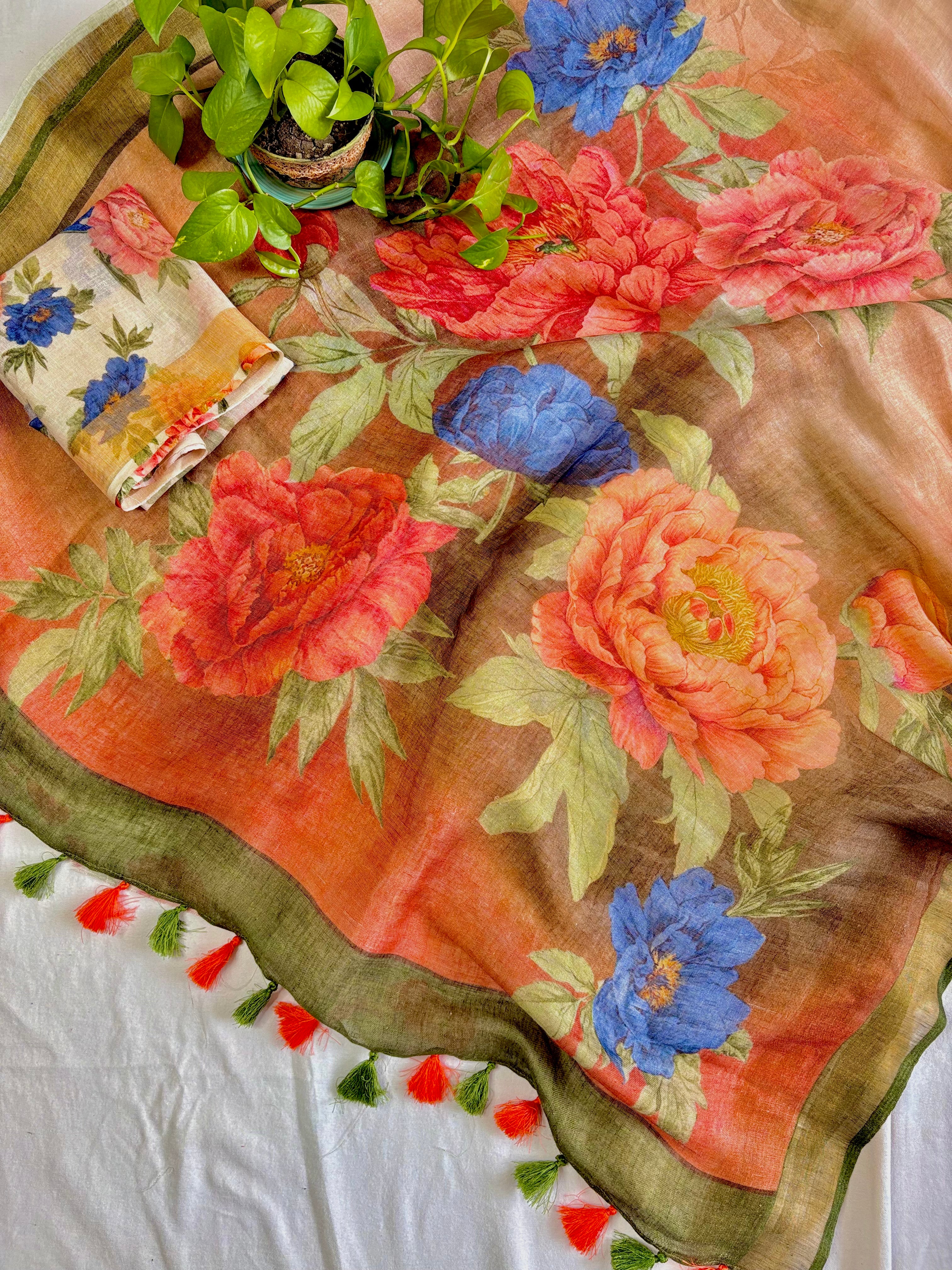 Cream and Brown Floral Pure Linen Saree