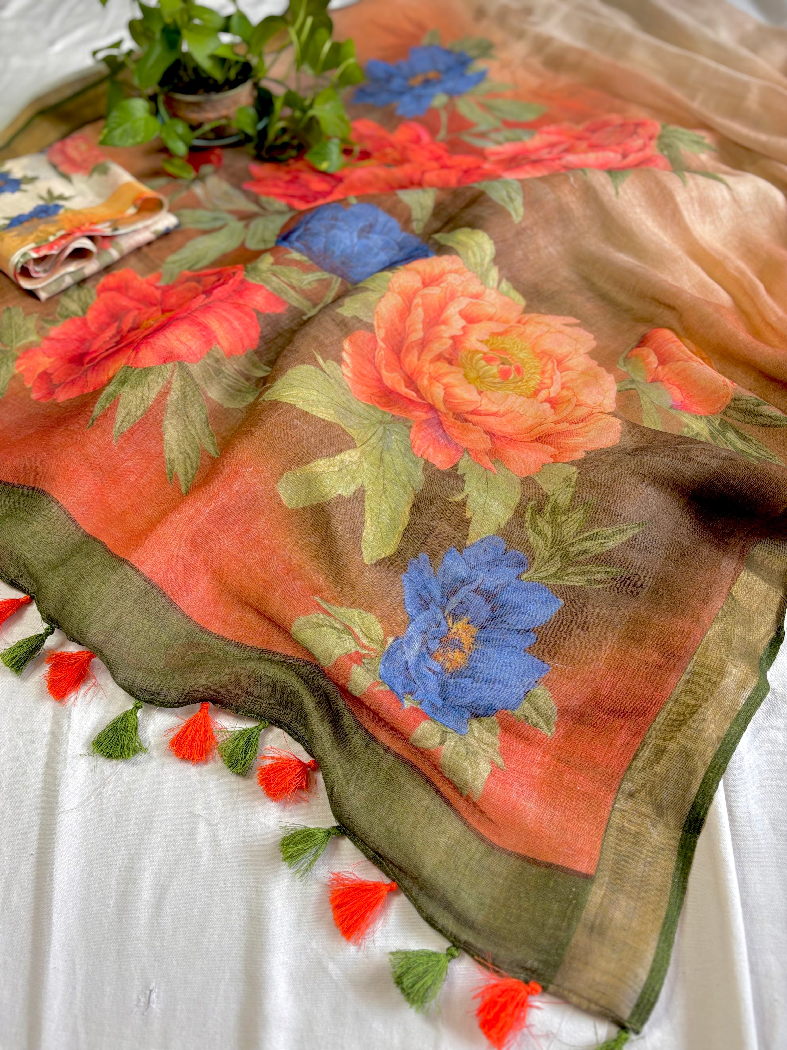 Cream and Brown Floral Pure Linen Saree