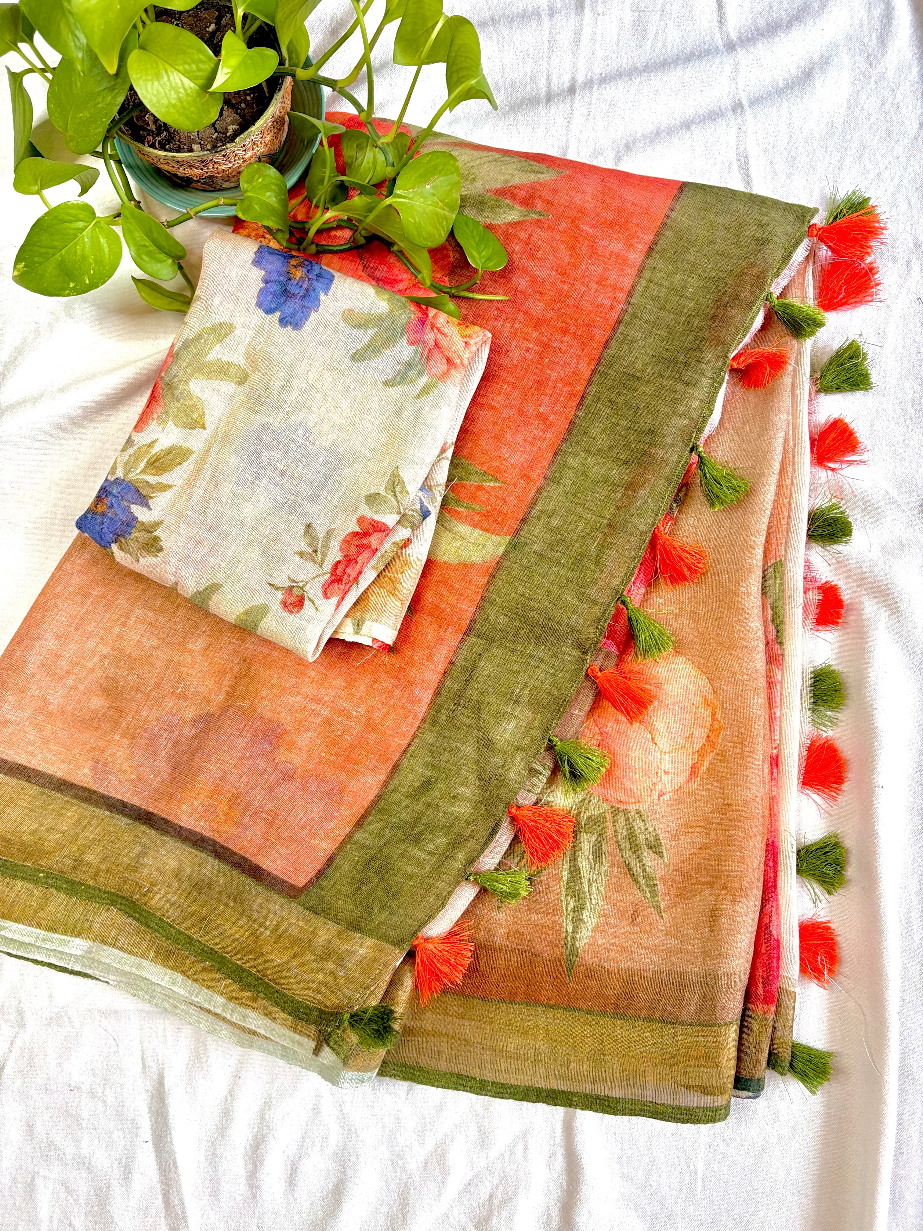 Cream and Brown Floral Pure Linen Saree