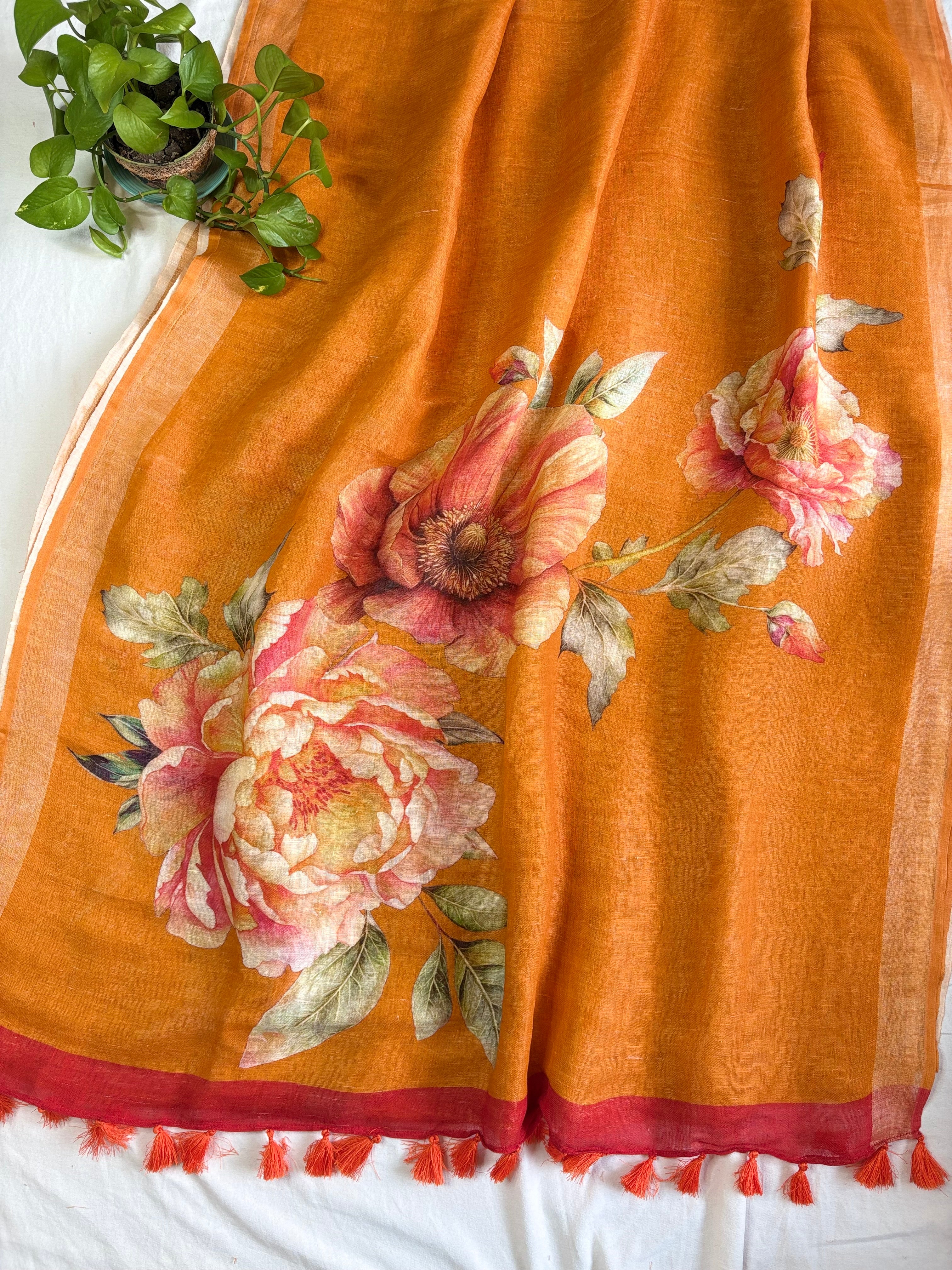 Orange Floral Pure Linen Saree