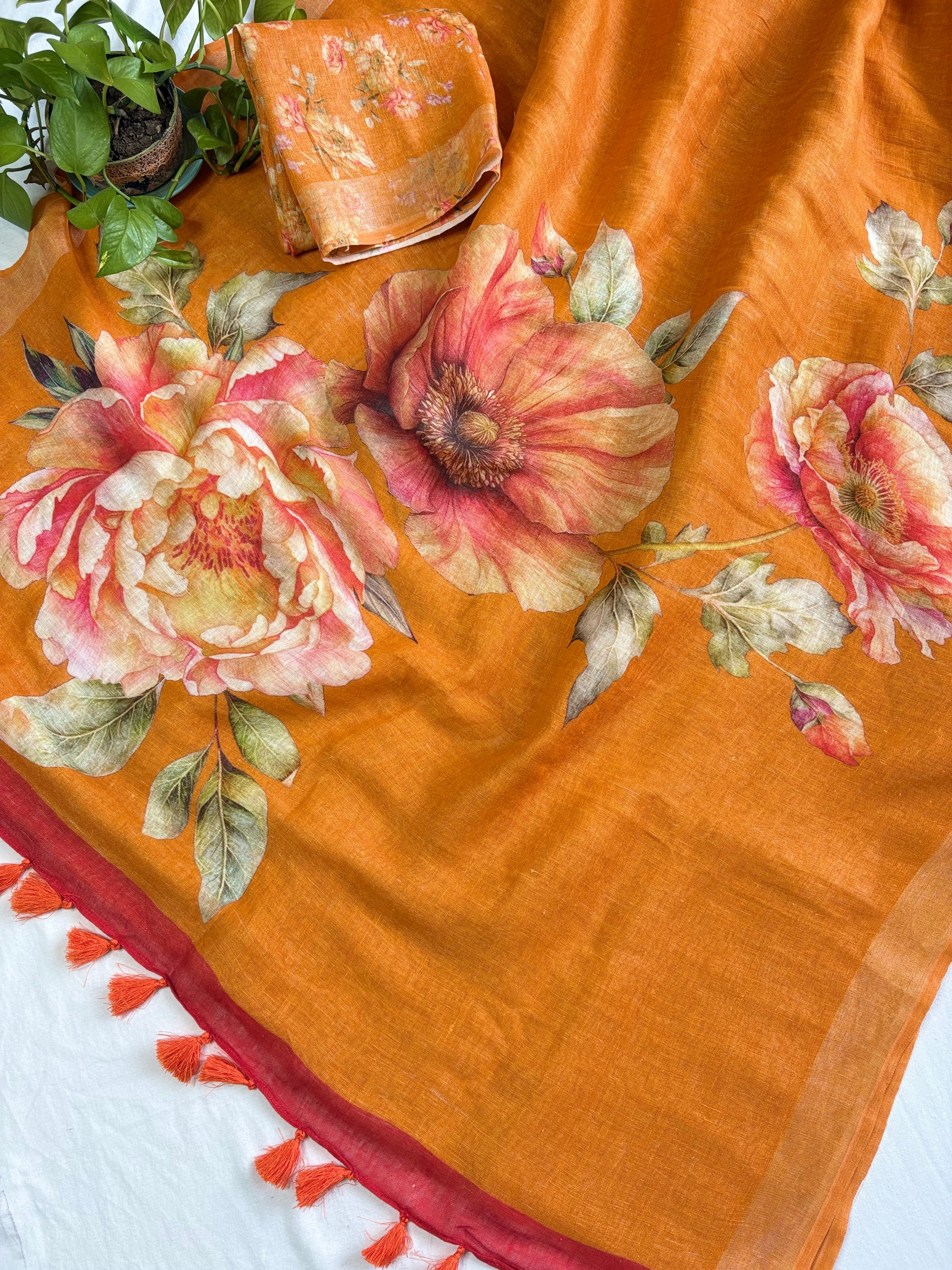 Orange Floral Pure Linen Saree