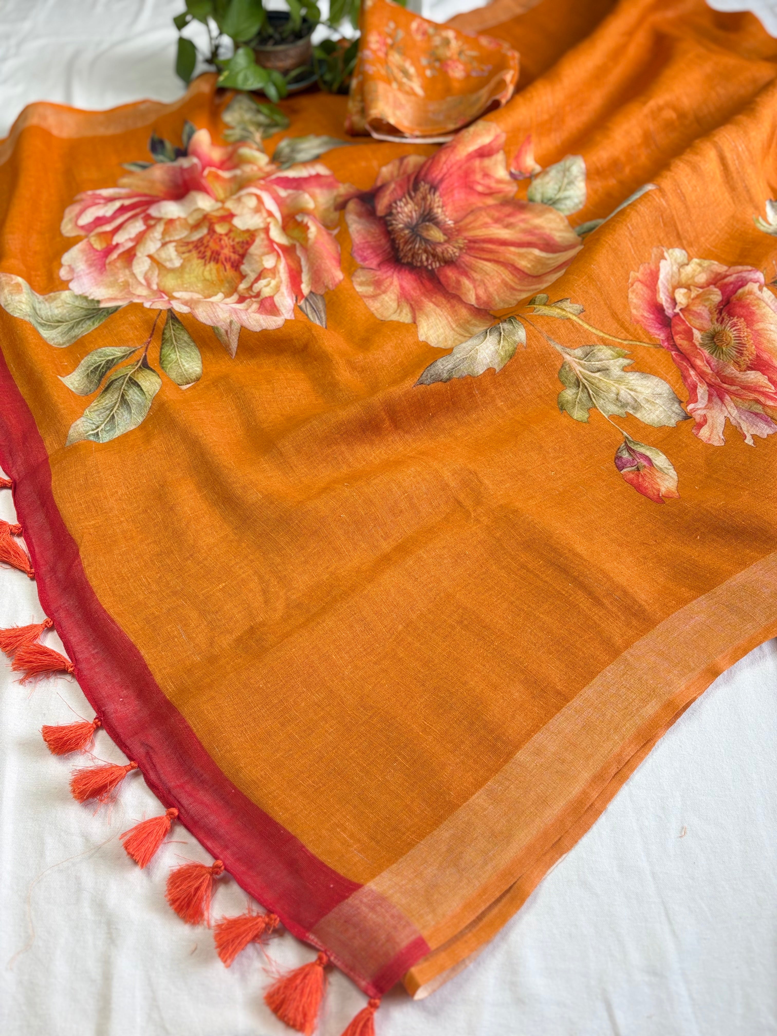 Orange Floral Pure Linen Saree