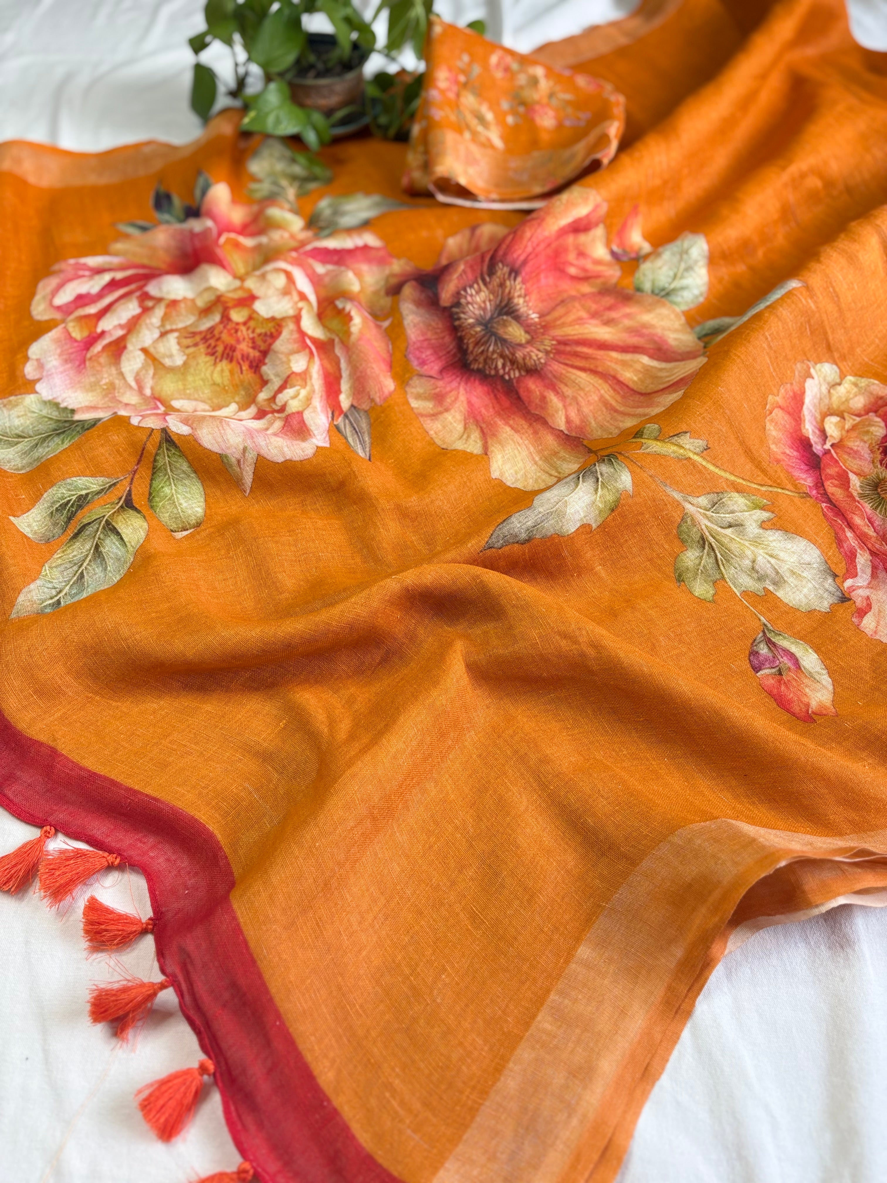 Orange Floral Pure Linen Saree