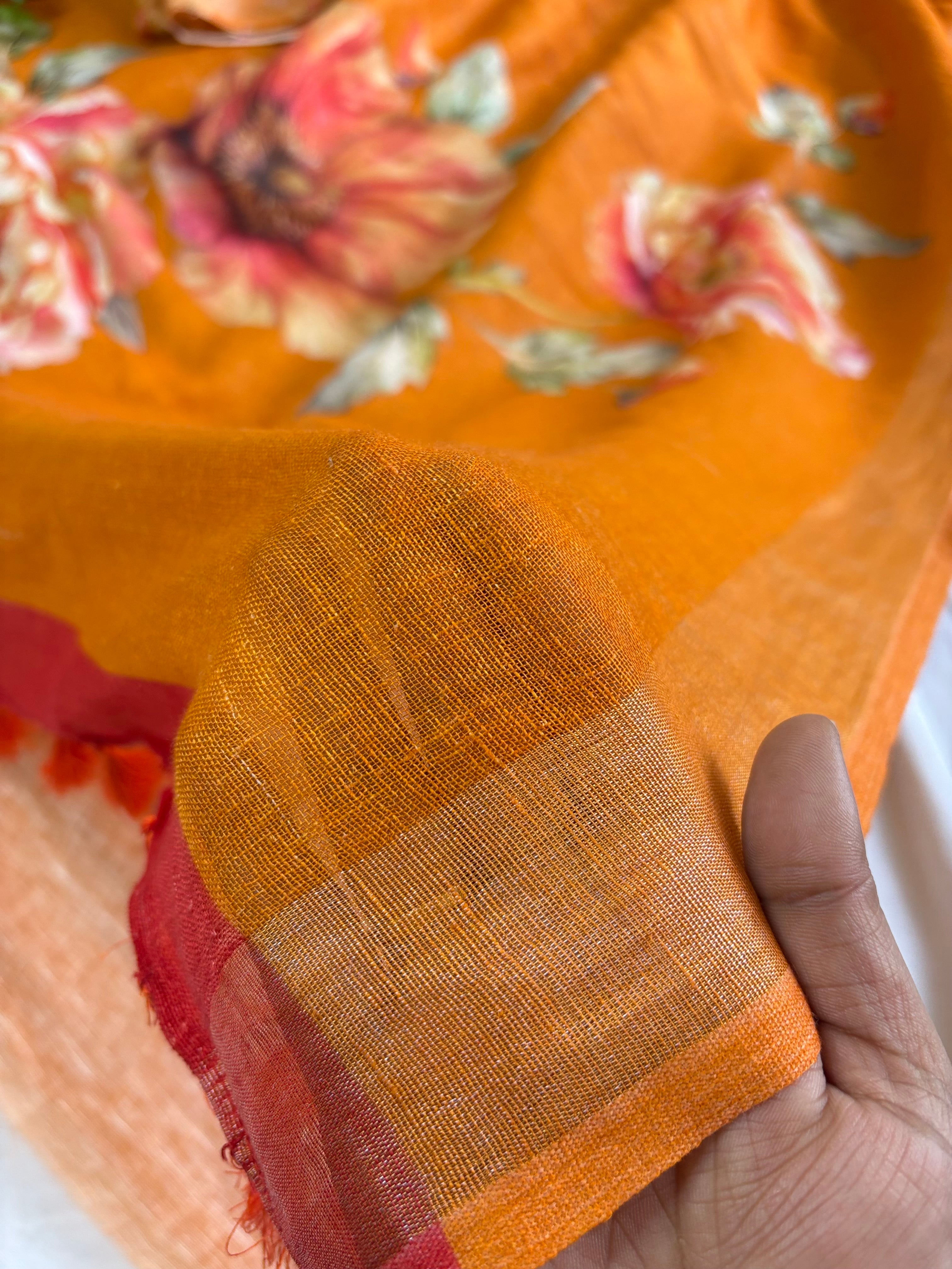 Orange Floral Pure Linen Saree