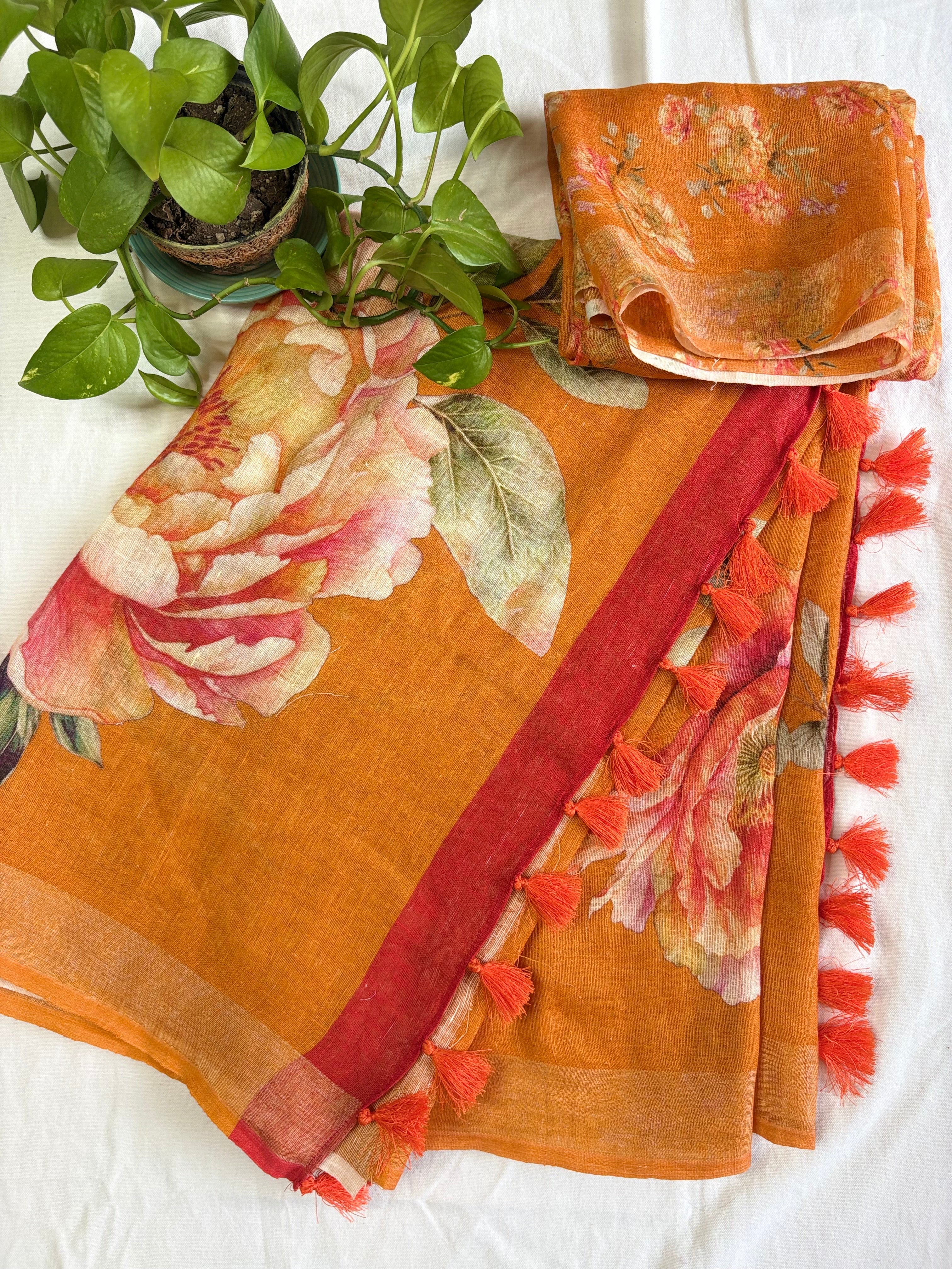 Orange Floral Pure Linen Saree