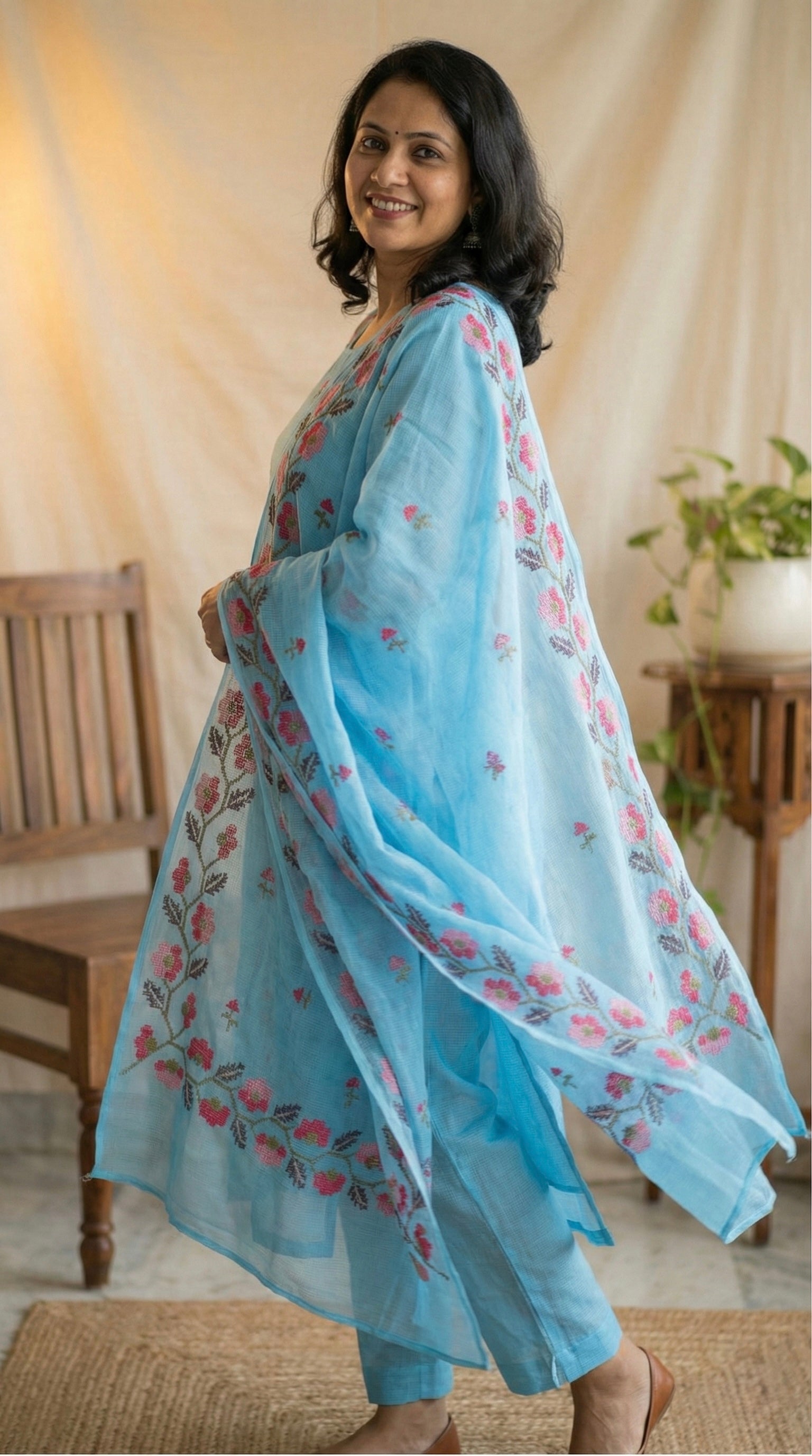 Neel- Beautiful Kota Doria Suit In Blue Colour With Flower Embroidery Work (unstitched)