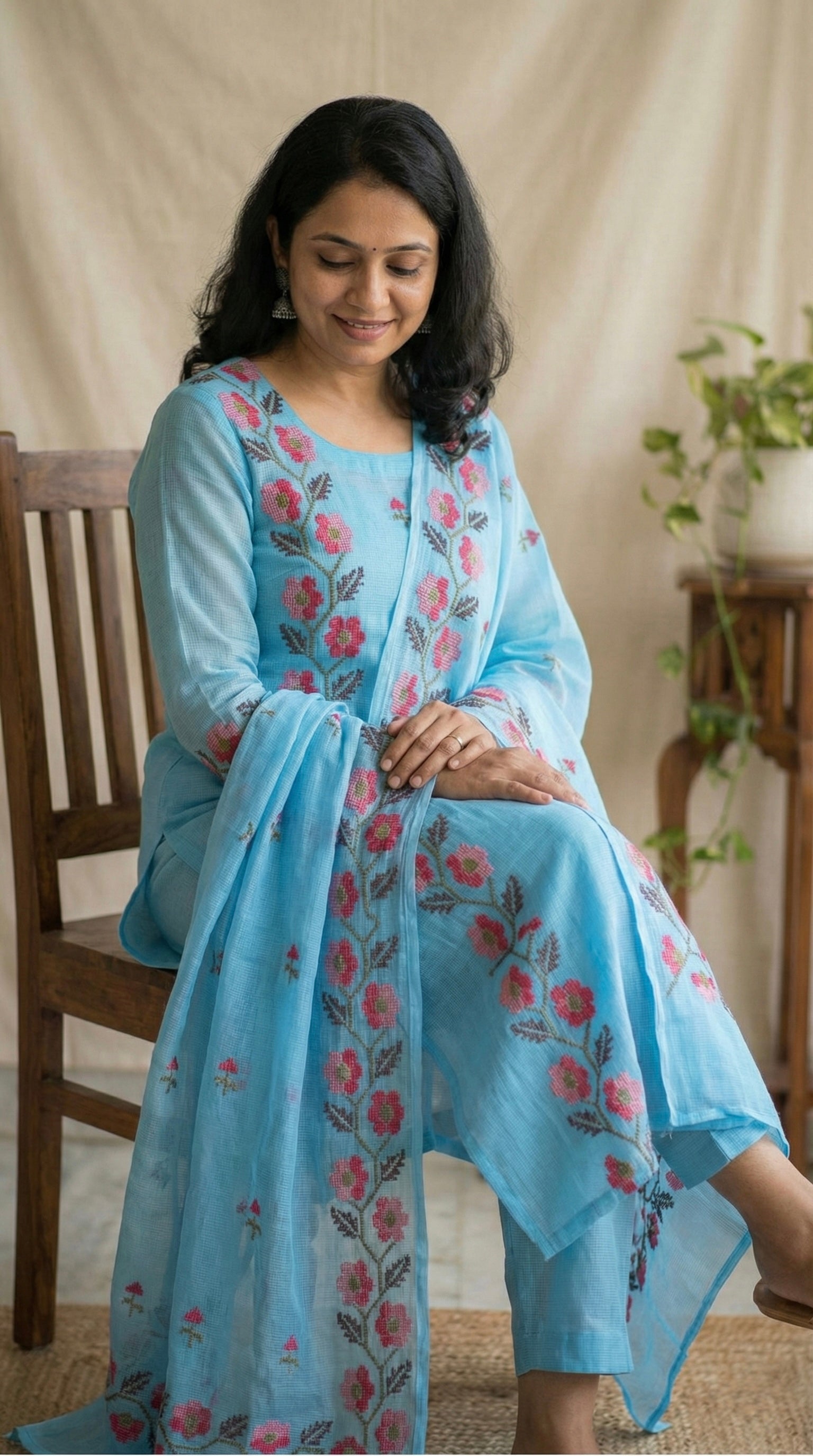 Neel- Beautiful Kota Doria Suit In Blue Colour With Flower Embroidery Work (unstitched)