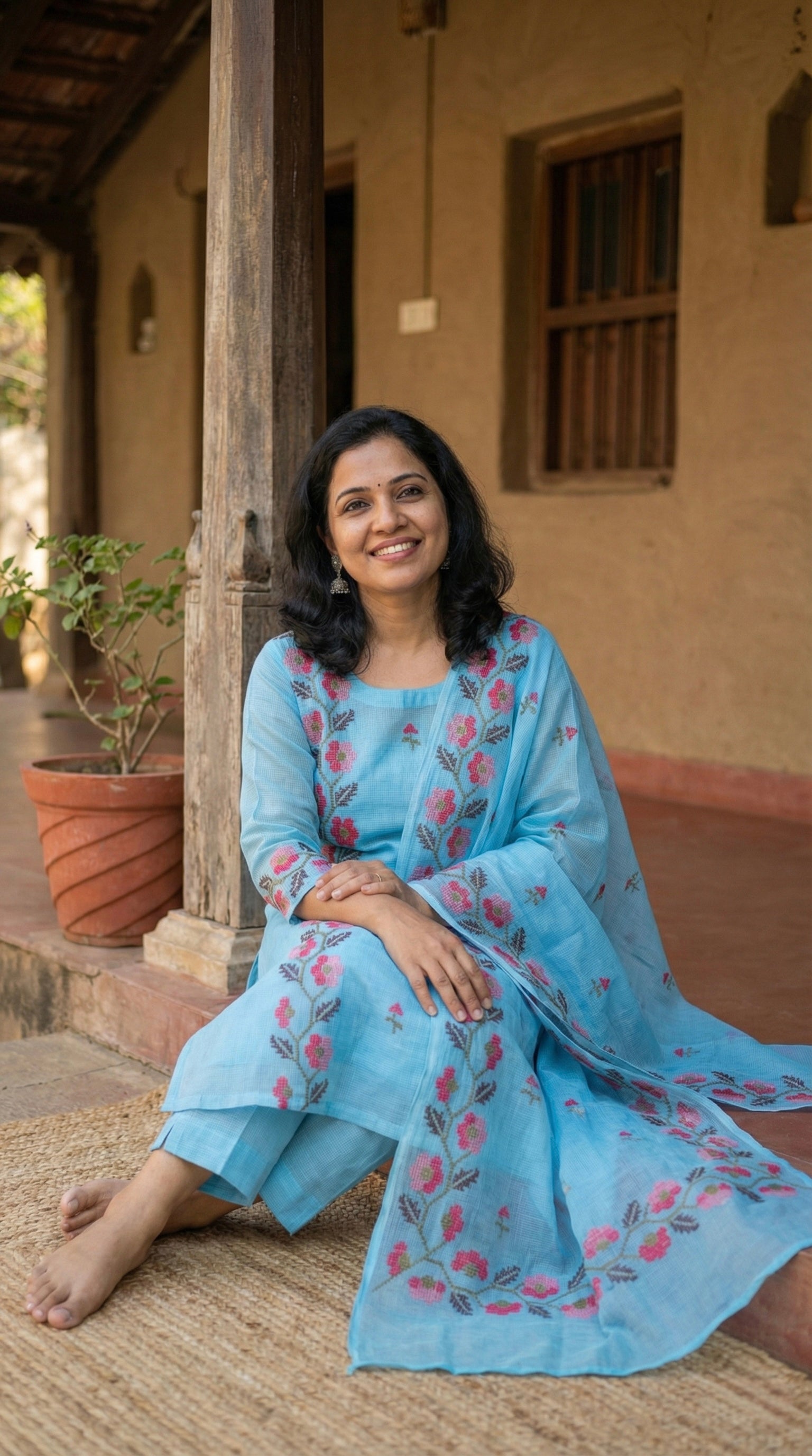 Neel- Beautiful Kota Doria Suit In Blue Colour With Flower Embroidery Work (unstitched)