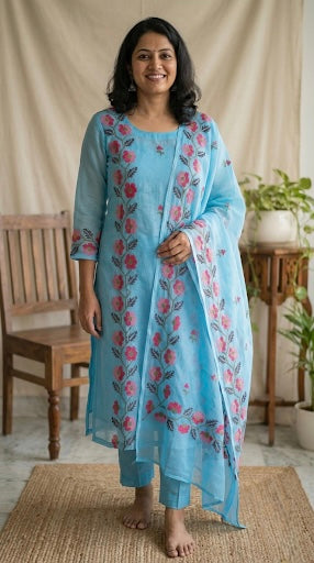 Neel- Beautiful Kota Doria Suit In Blue Colour With Flower Embroidery Work (unstitched)