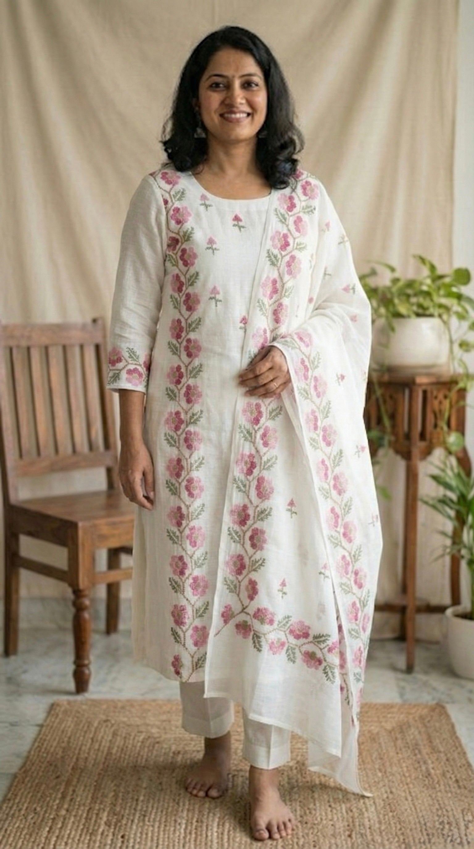 Vaidehi- Beautiful Kota Doria Suit In White Colour With Pink Embroidery Work (unstitched)