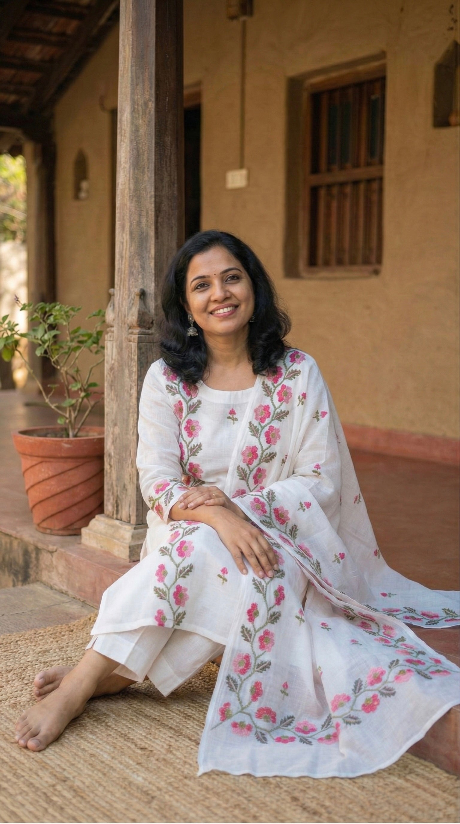 Vaidehi- Beautiful Kota Doria Suit In White Colour With Pink Embroidery Work (unstitched)