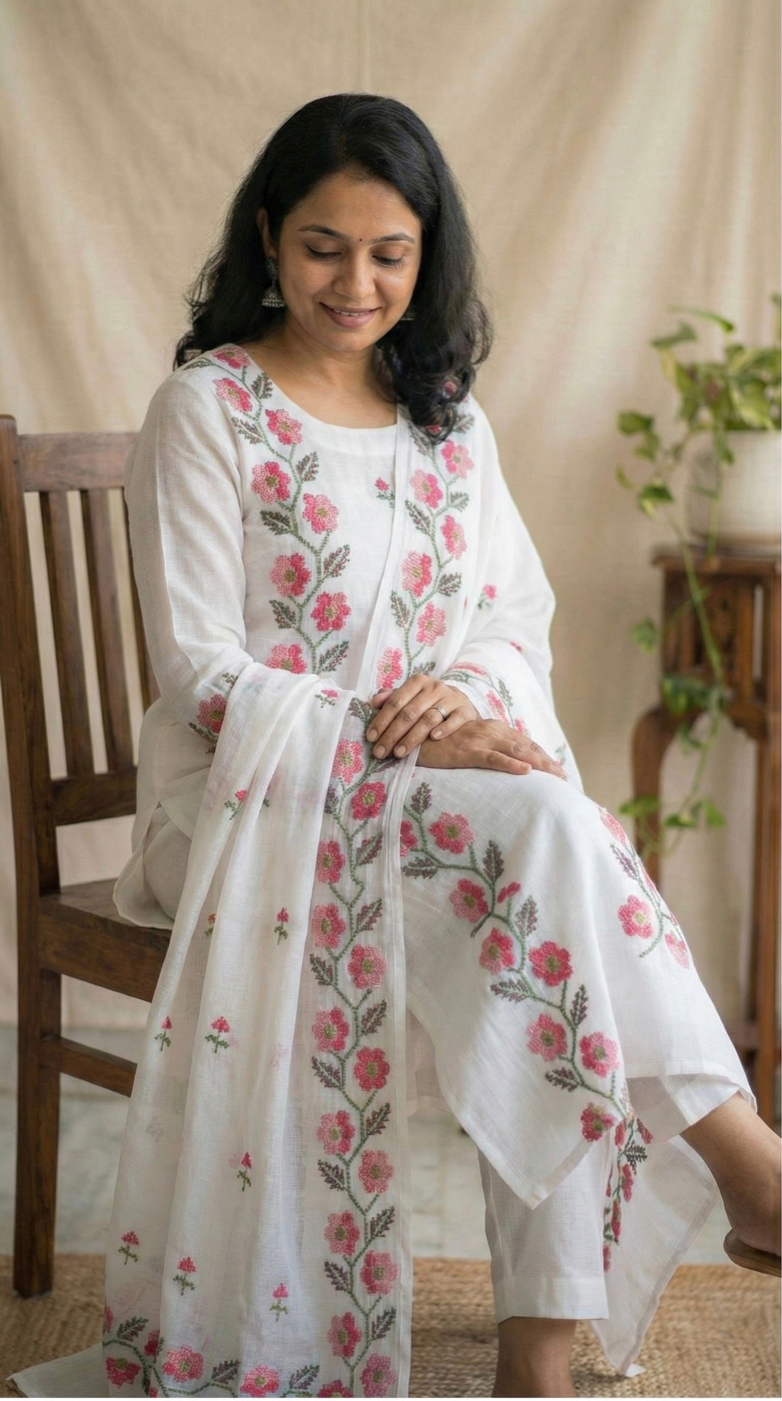 Vaidehi- Beautiful Kota Doria Suit In White Colour With Pink Embroidery Work (unstitched)