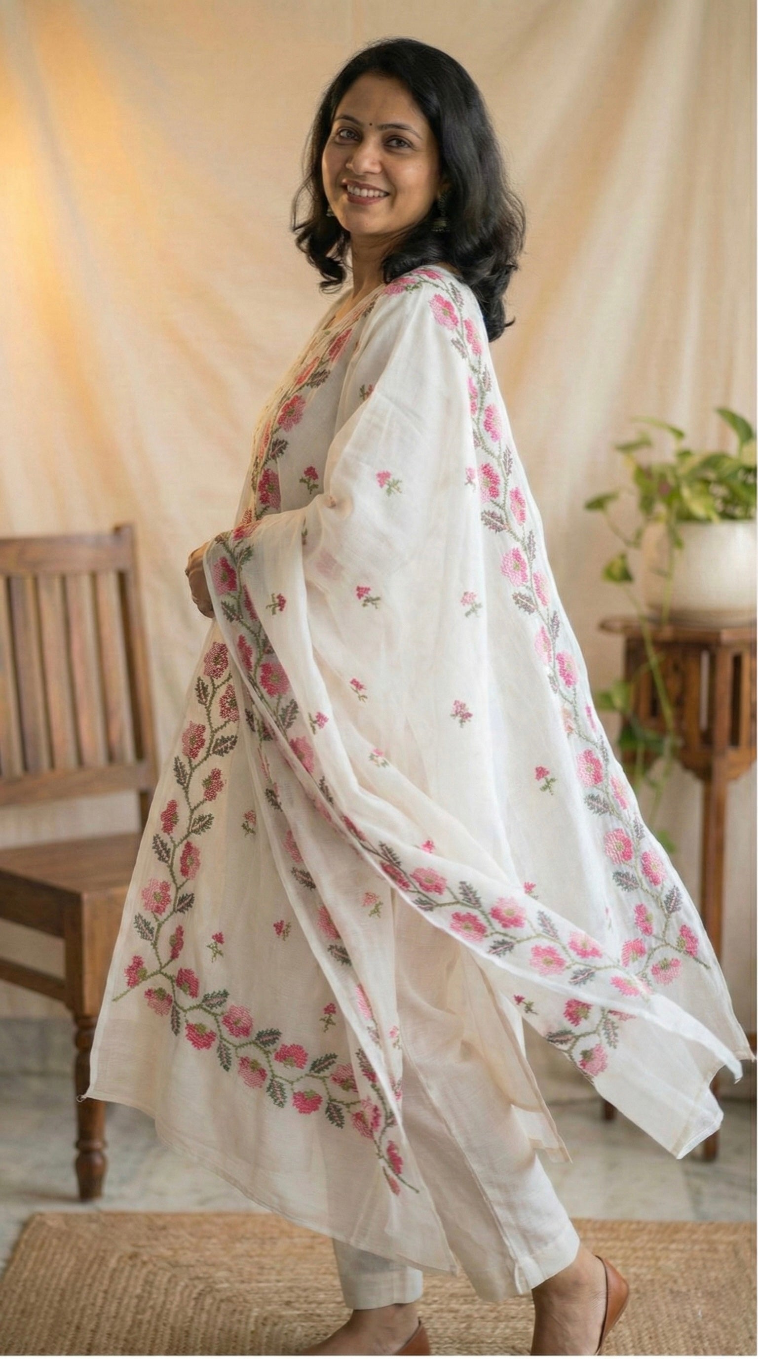 Vaidehi- Beautiful Kota Doria Suit In White Colour With Pink Embroidery Work (unstitched)