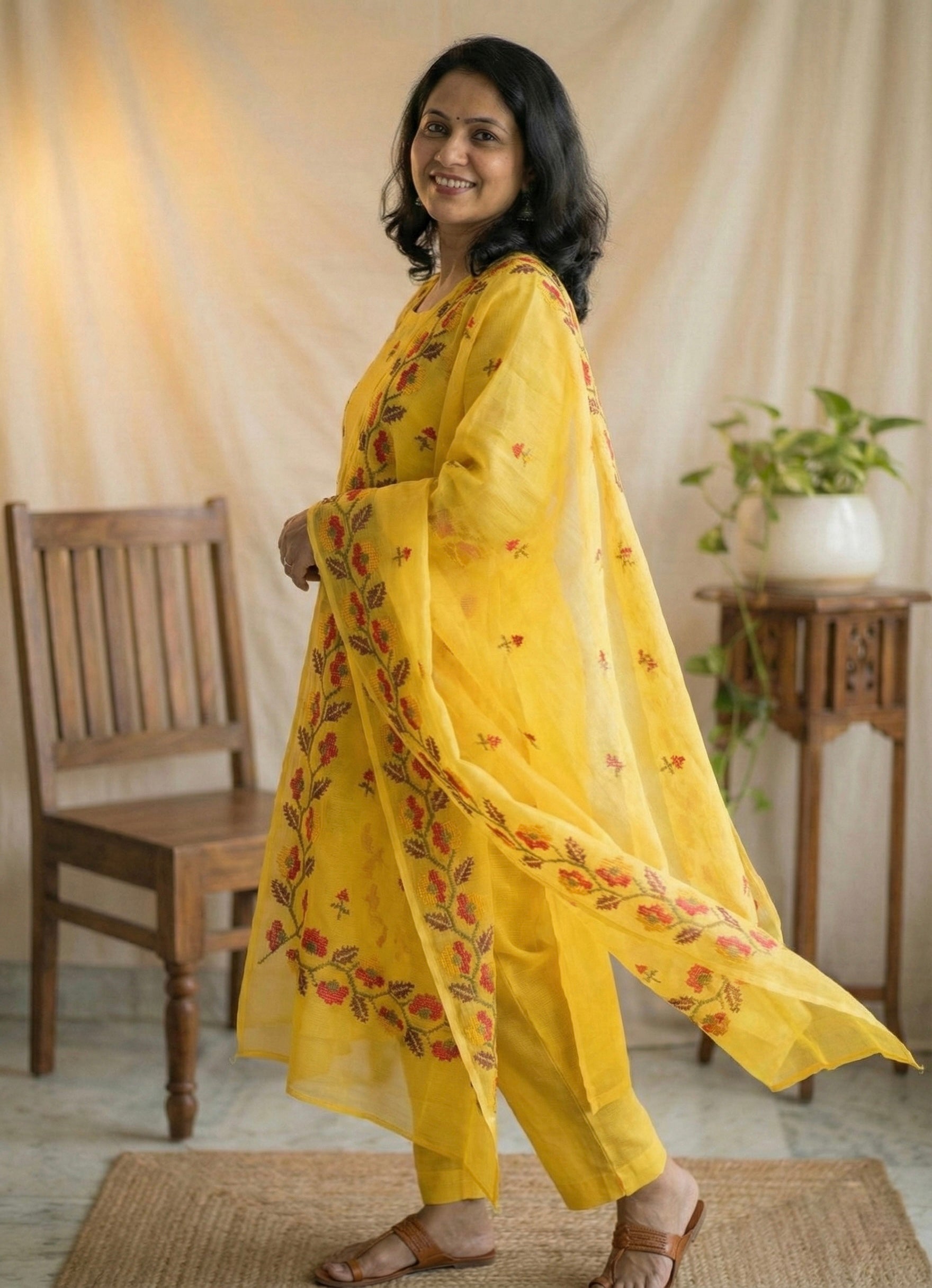 Surya- Beautiful Kota Doria Suit In Yellow Colour With Flower Embroidery Work (unstitched)