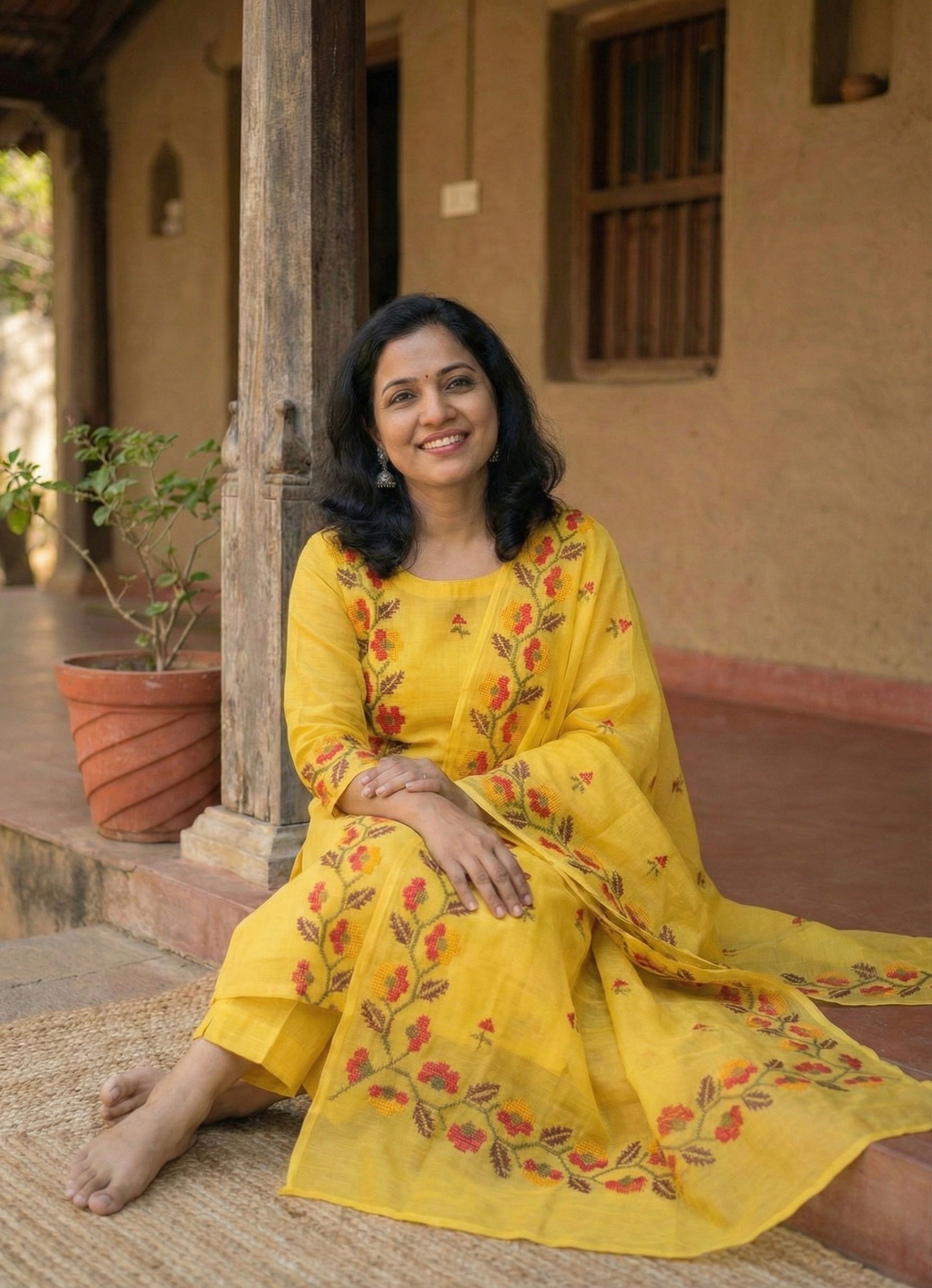 Surya- Beautiful Kota Doria Suit In Yellow Colour With Flower Embroidery Work (unstitched)