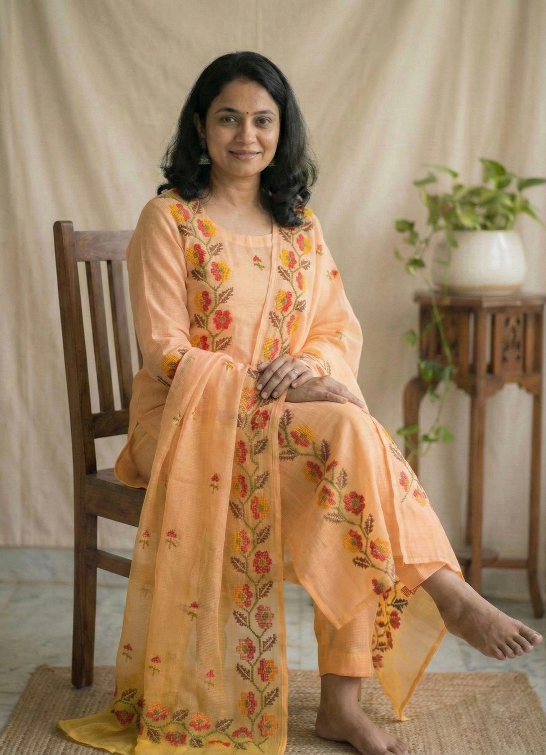 Sarla- Beautiful Kota Doria Suit In peach Colour With Flower Embroidery Work (unstitched)