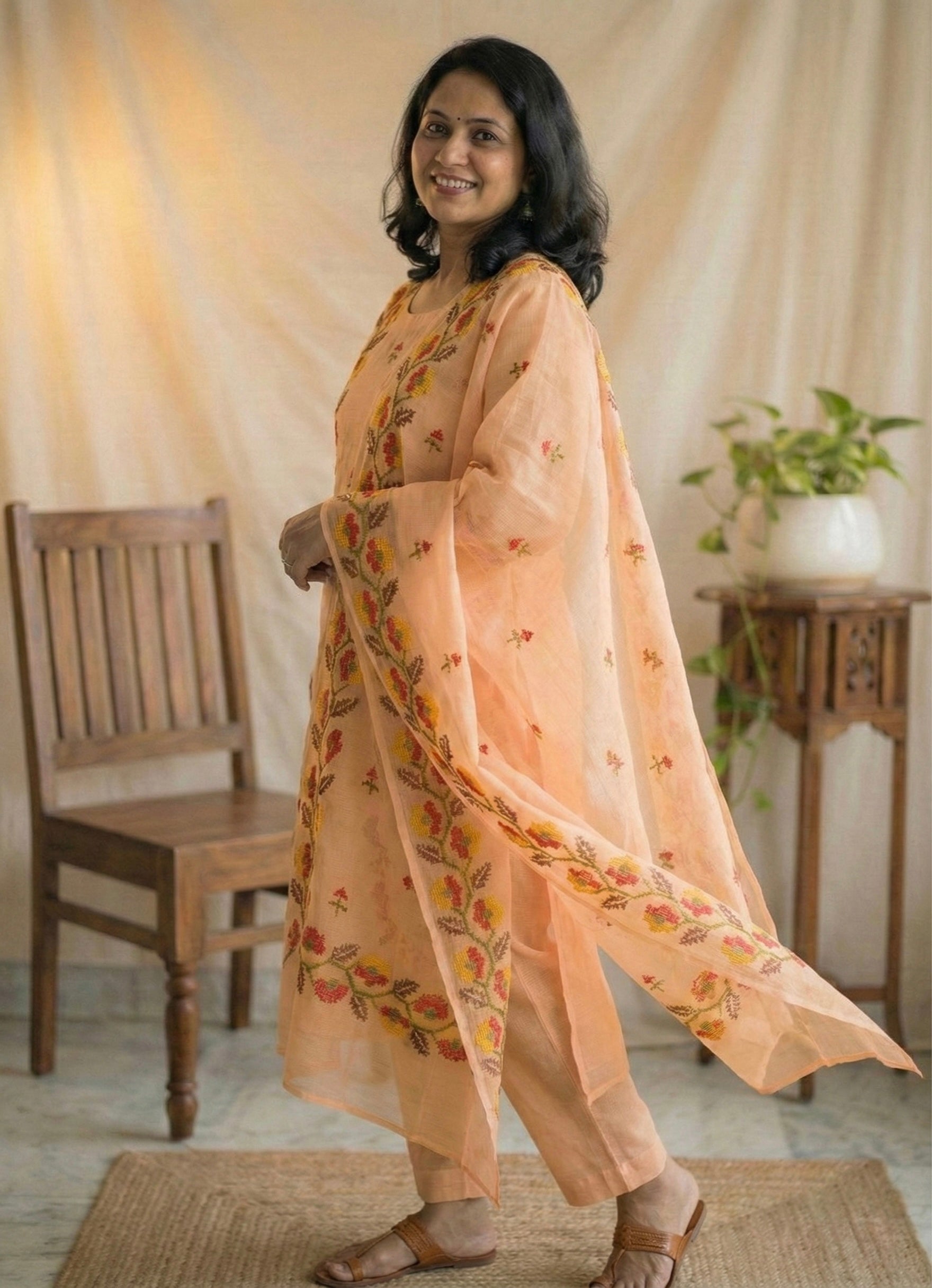 Sarla- Beautiful Kota Doria Suit In peach Colour With Flower Embroidery Work (unstitched)