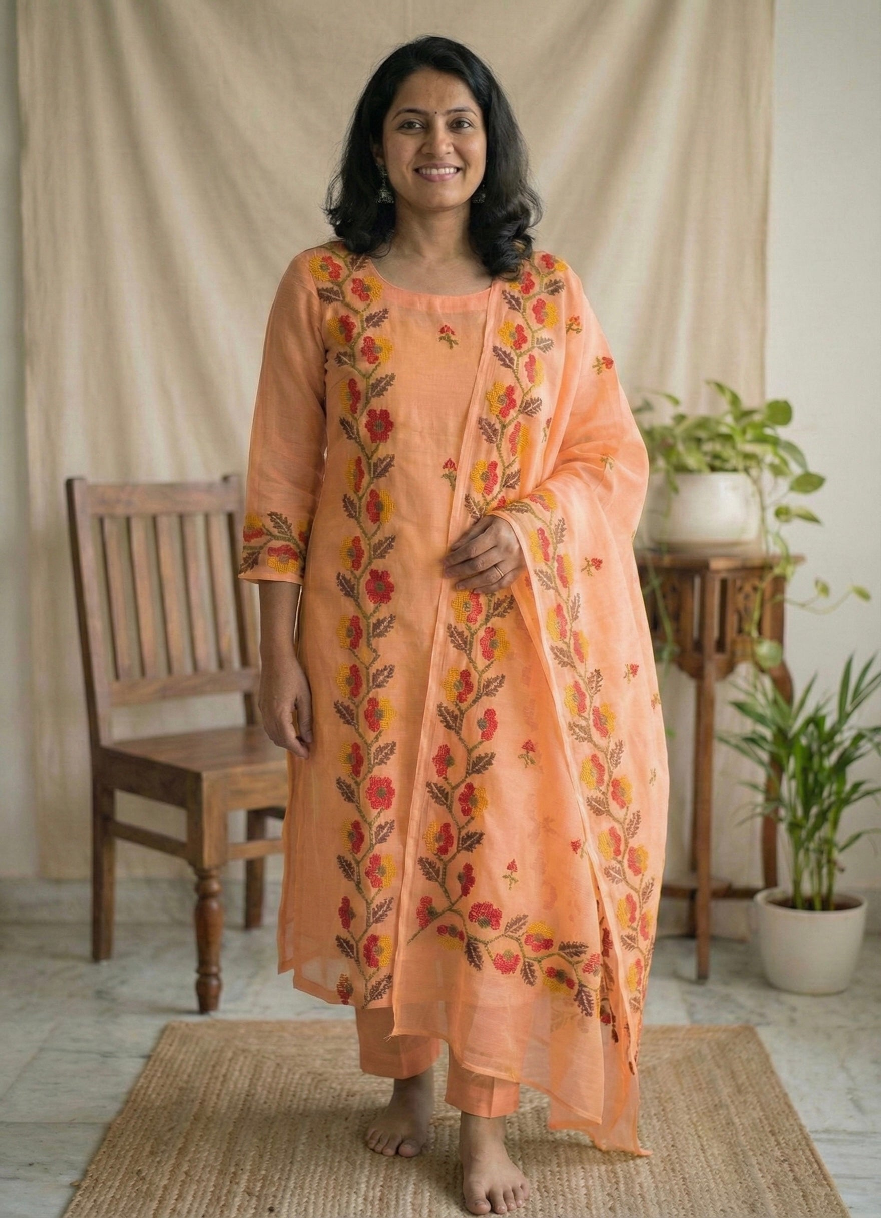 Sarla- Beautiful Kota Doria Suit In peach Colour With Flower Embroidery Work (unstitched)