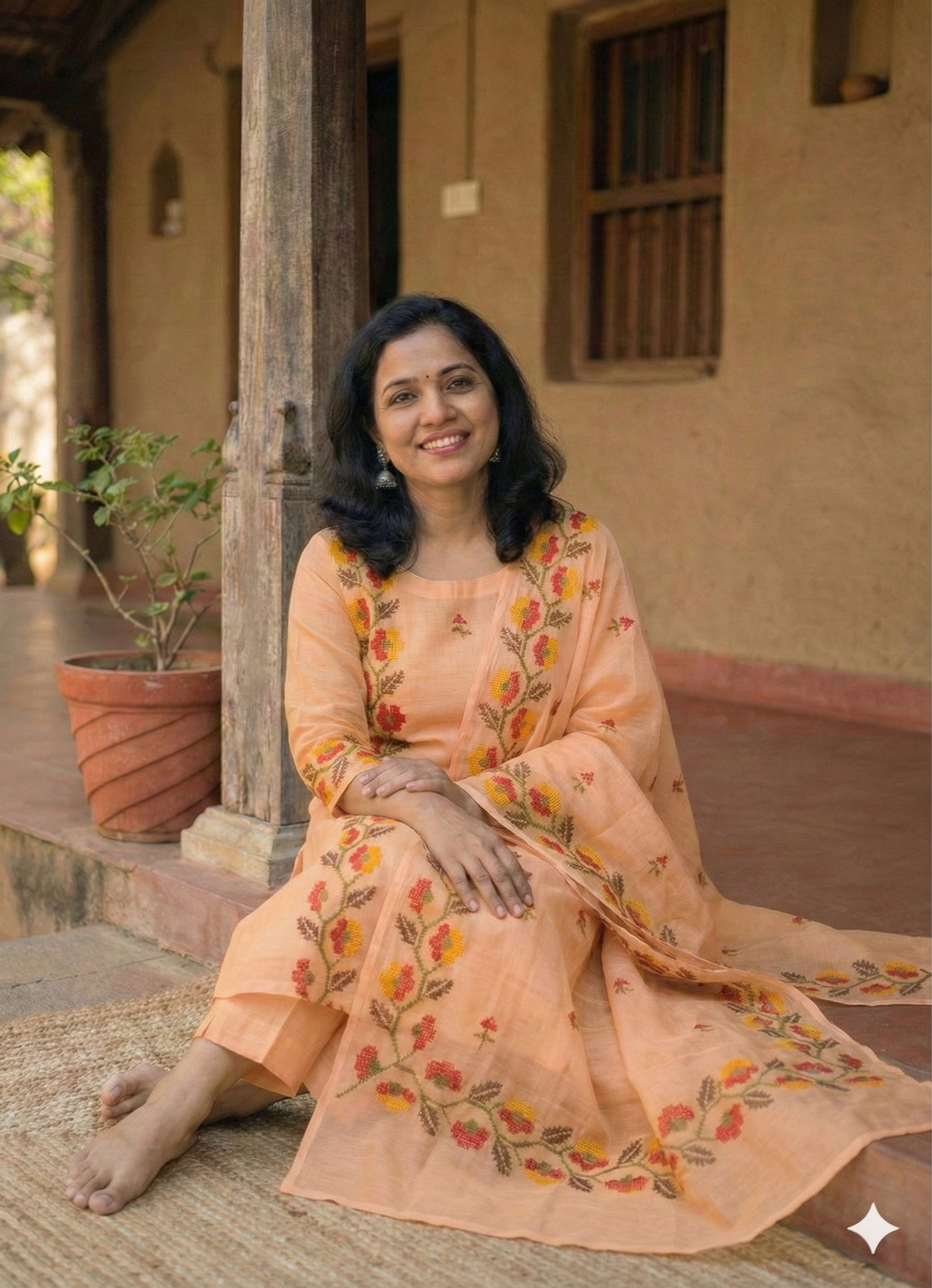 Sarla- Beautiful Kota Doria Suit In peach Colour With Flower Embroidery Work (unstitched)