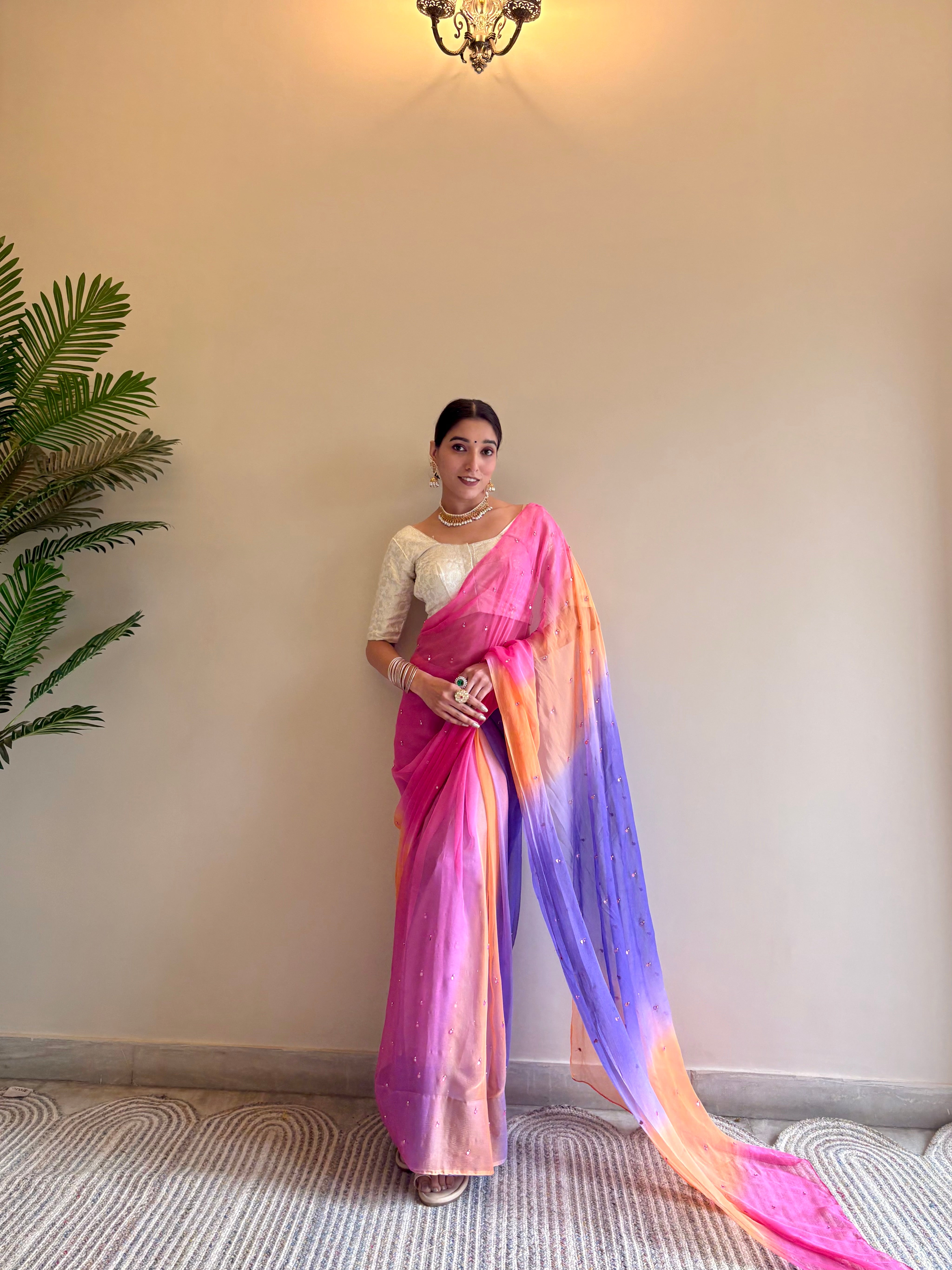 Chiffon Multicolor Mirror Work Saree
