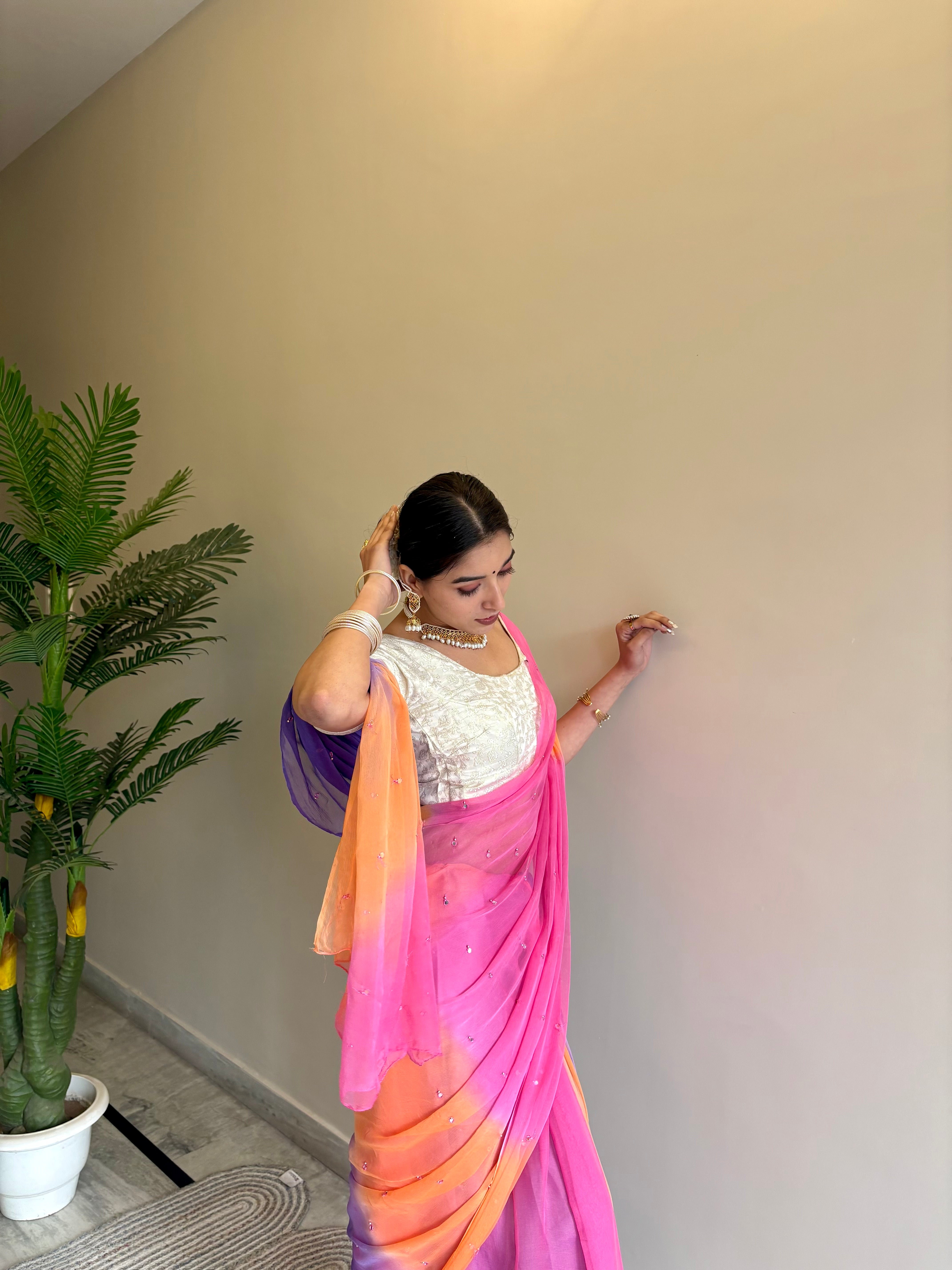 Chiffon Multicolor Mirror Work Saree