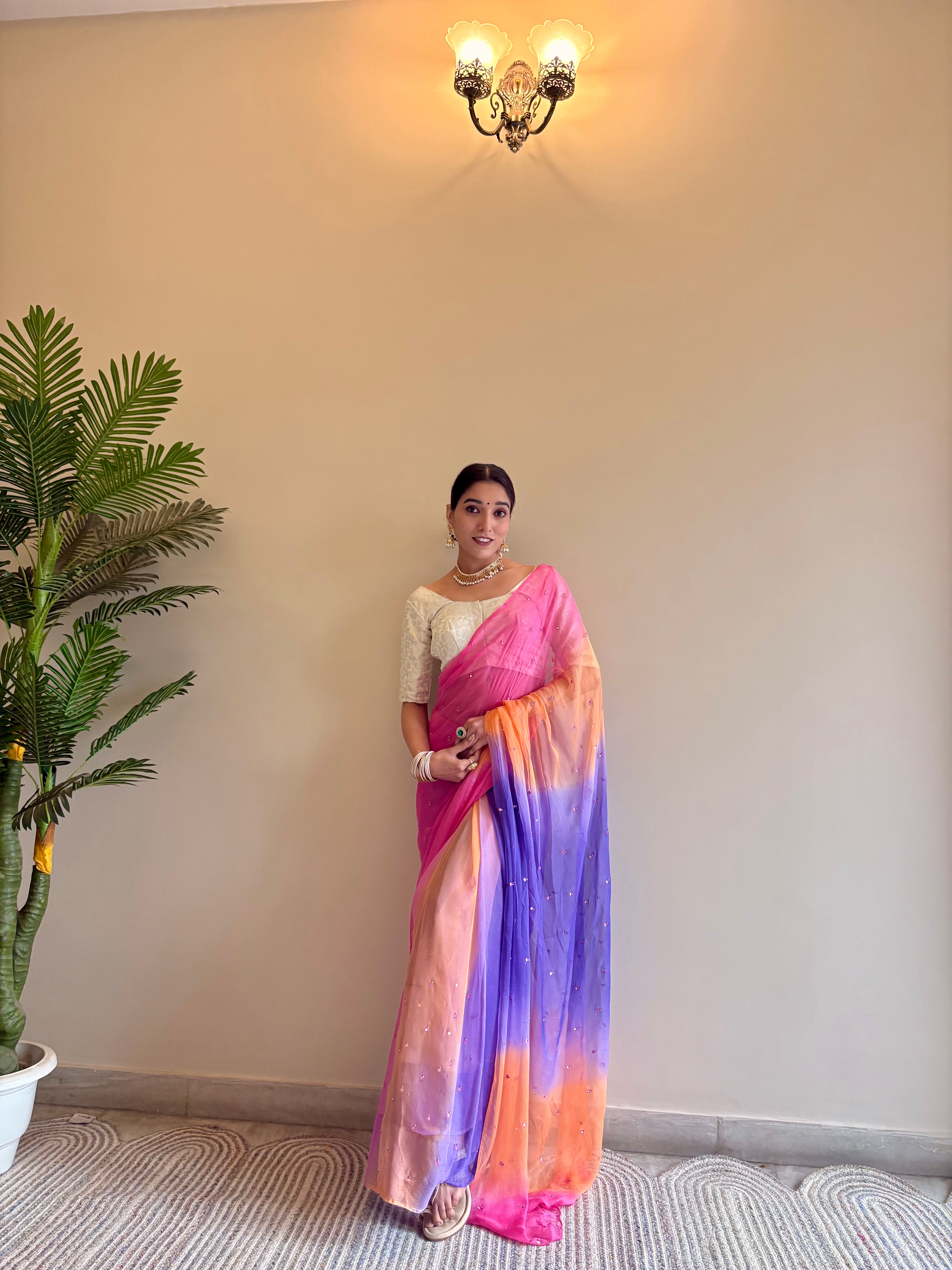 Chiffon Multicolor Mirror Work Saree