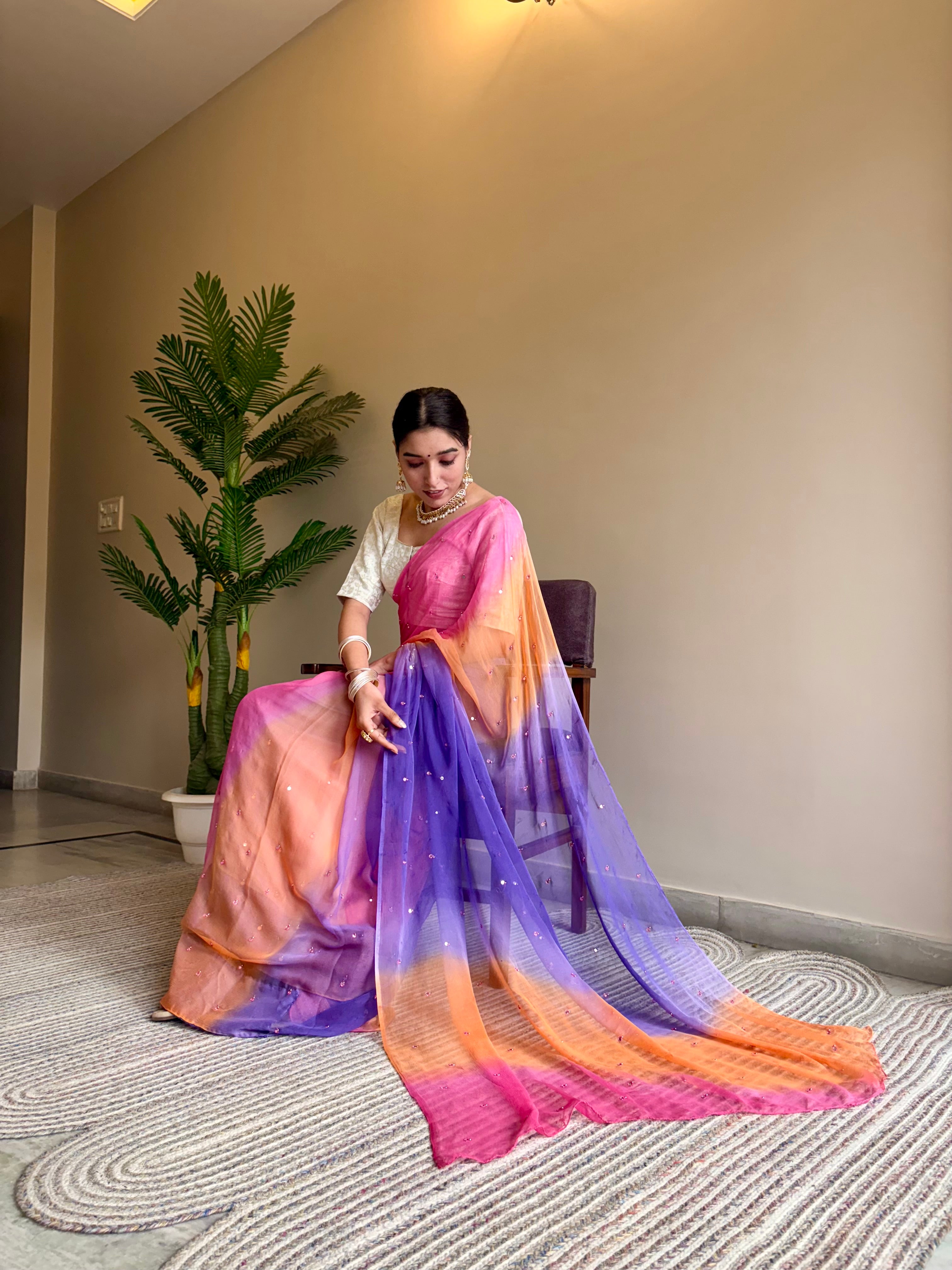 Chiffon Multicolor Mirror Work Saree