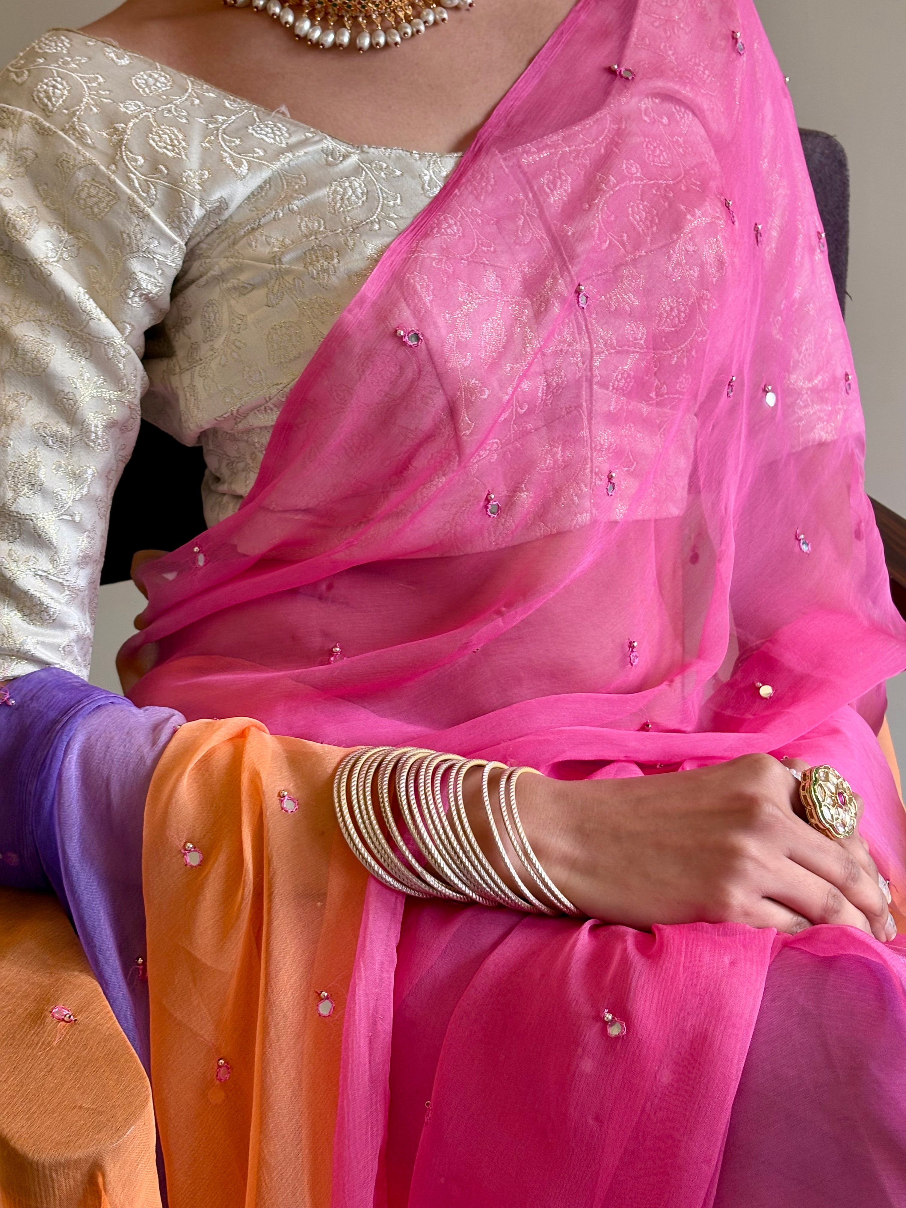 Chiffon Multicolor Mirror Work Saree