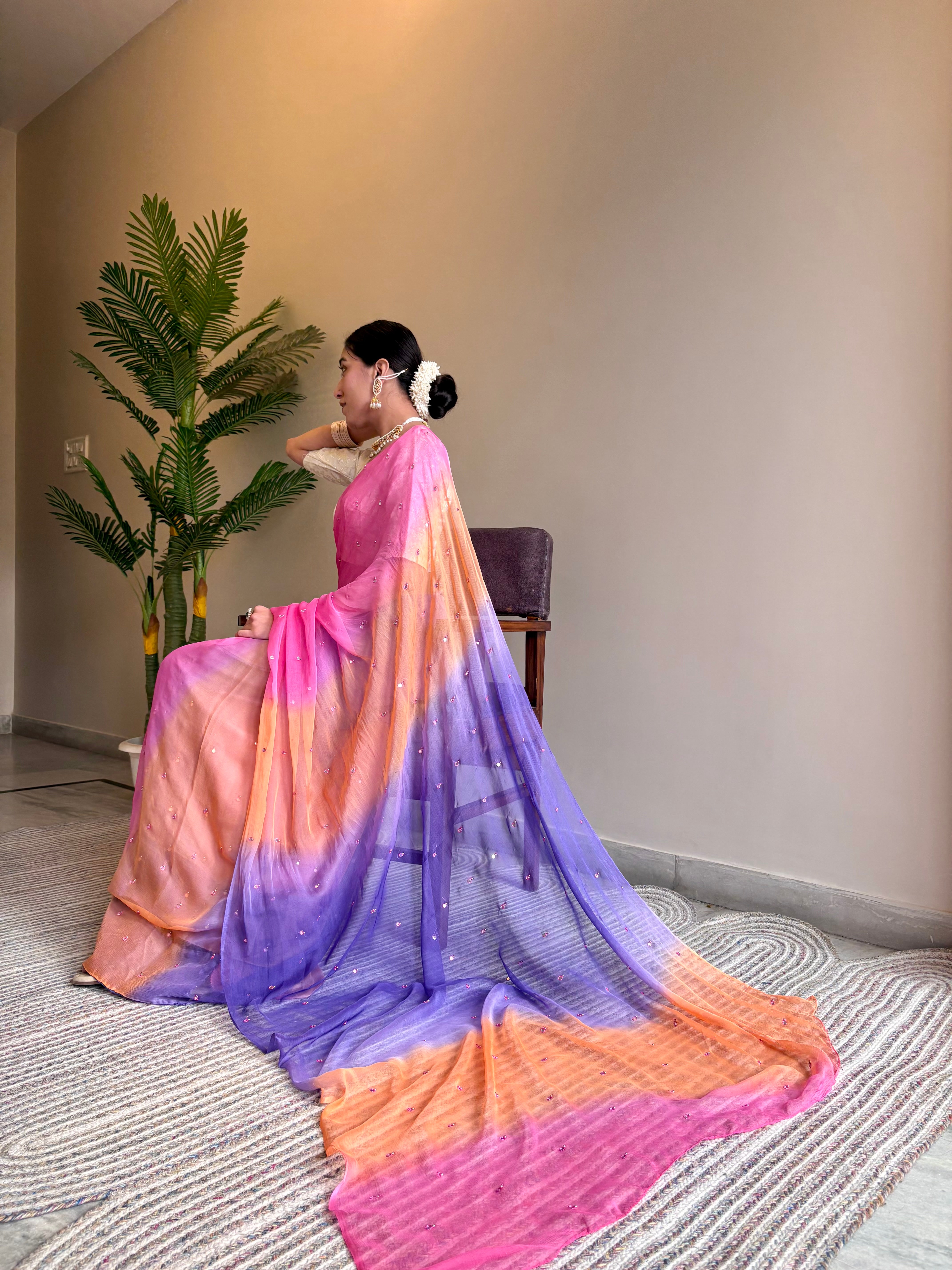 Chiffon Multicolor Mirror Work Saree