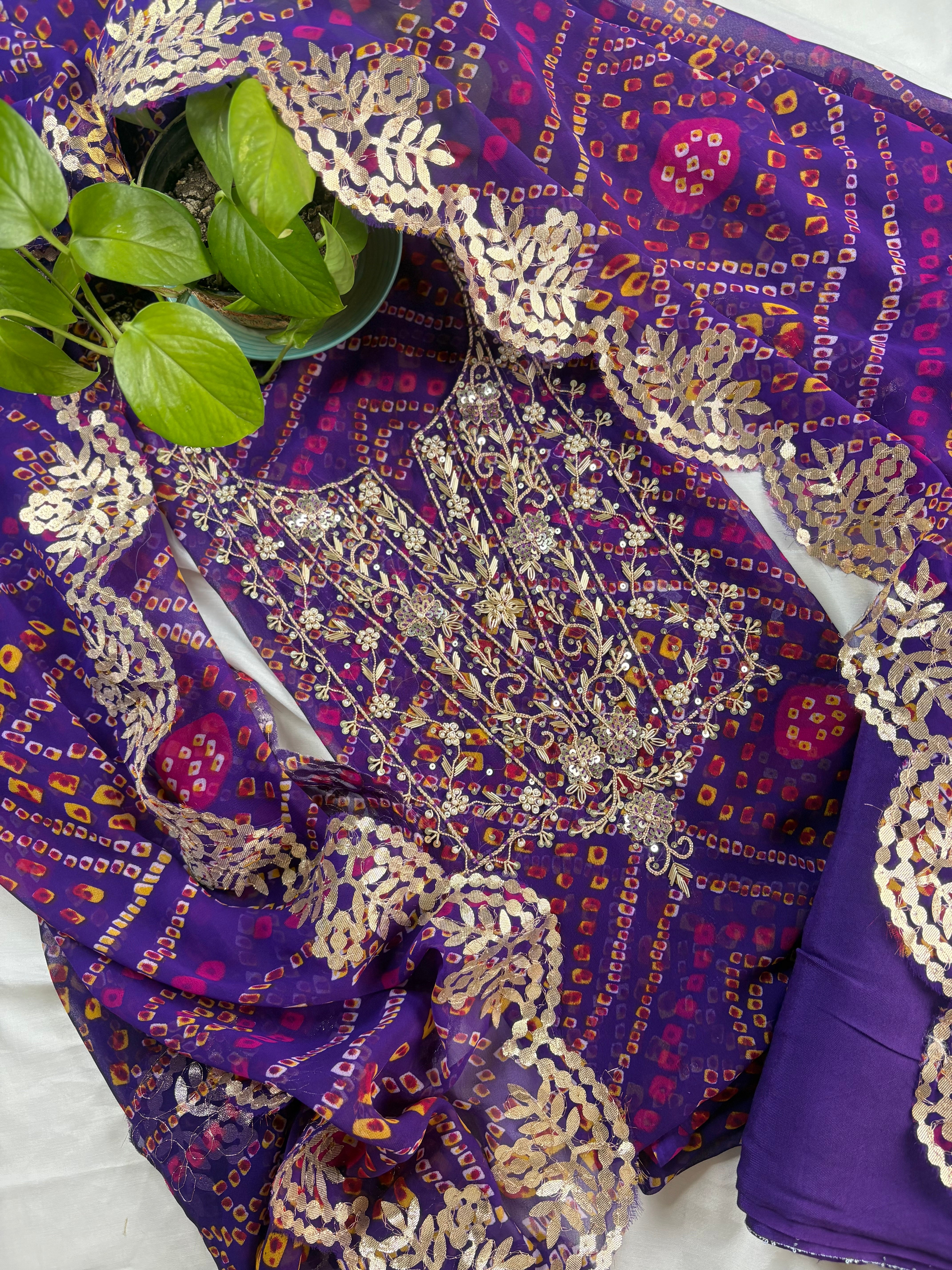 Purple Bandhej Gota Patti Suit