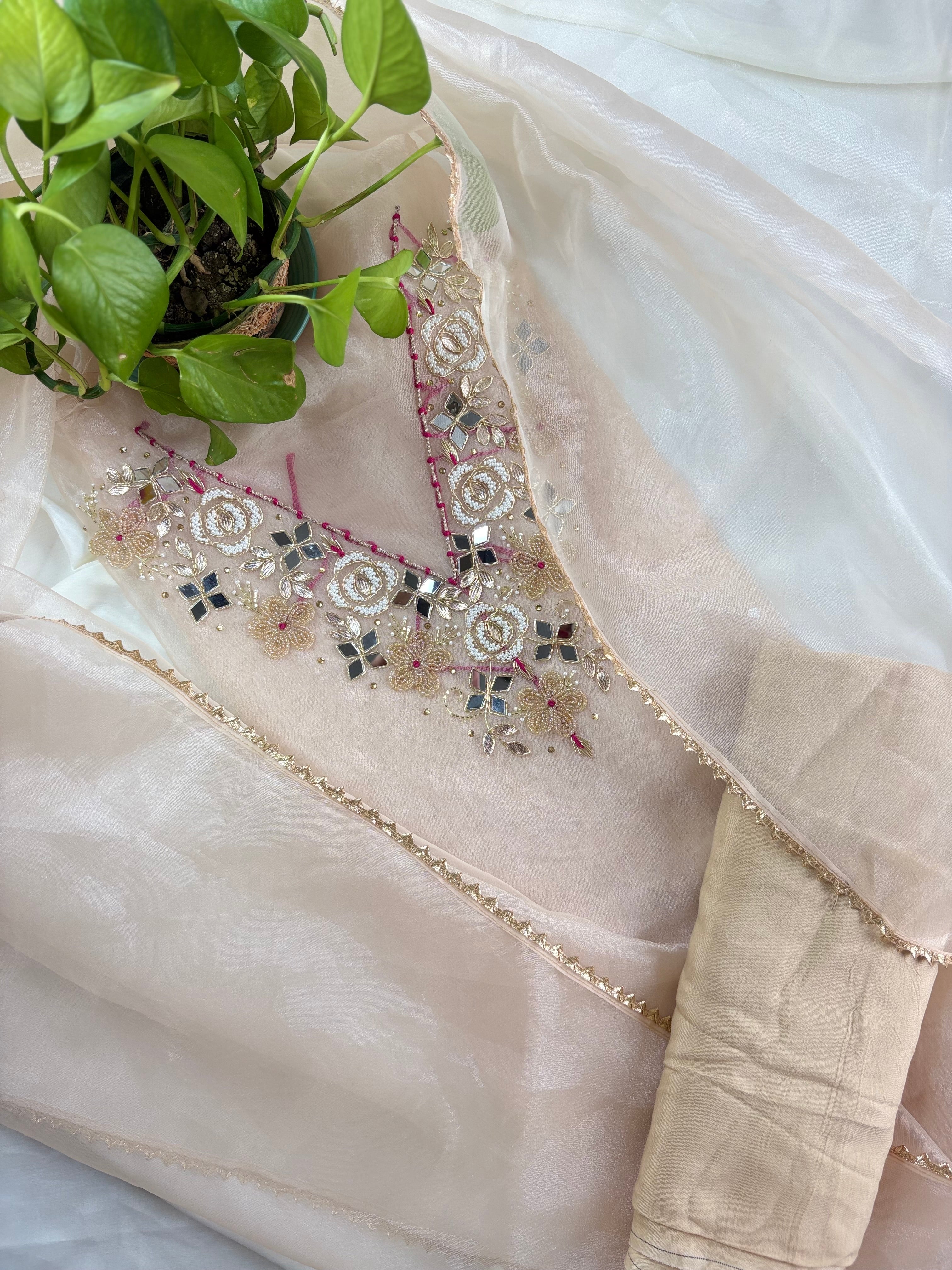 Oorja- Off White Organza Suit With Heavy Pearl Neck Work