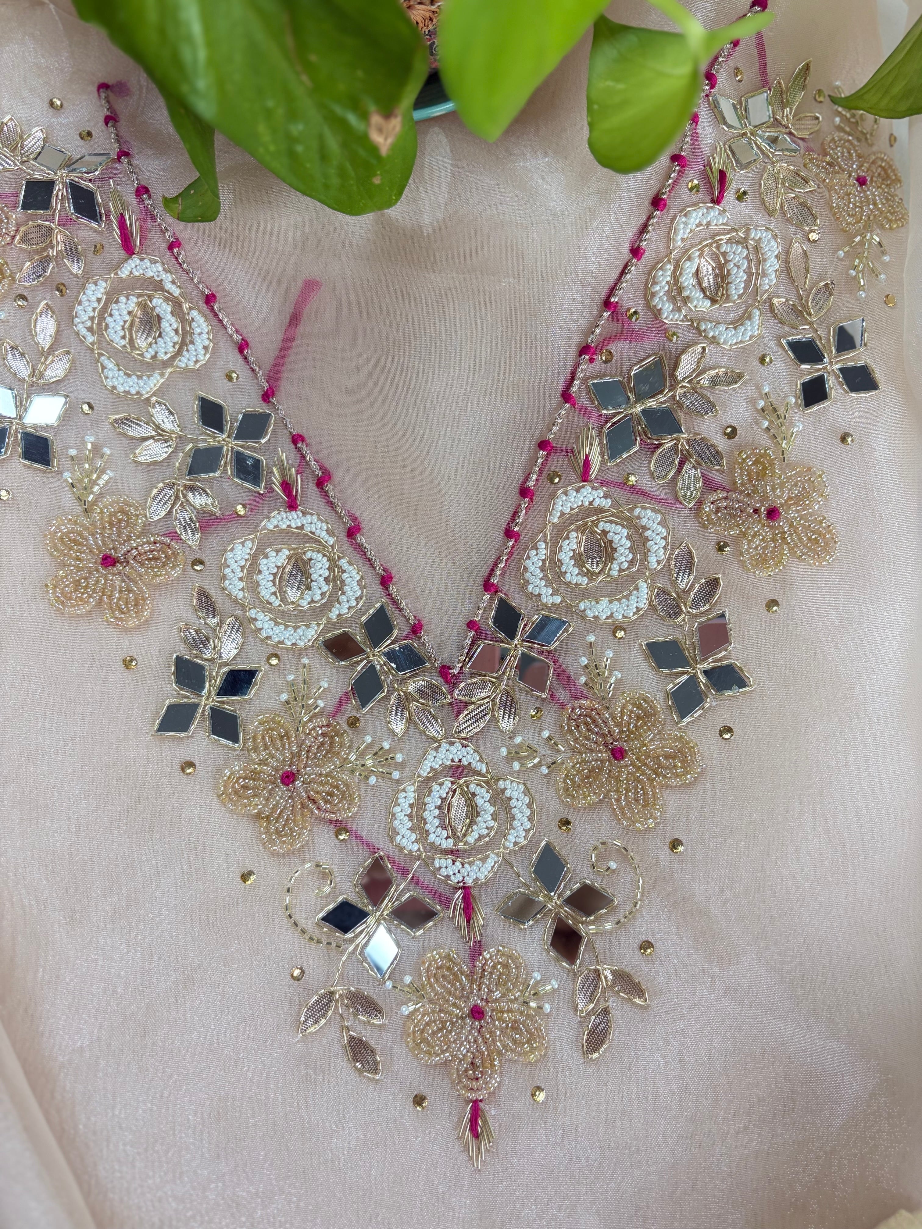 Oorja- Off White Organza Suit With Heavy Pearl Neck Work