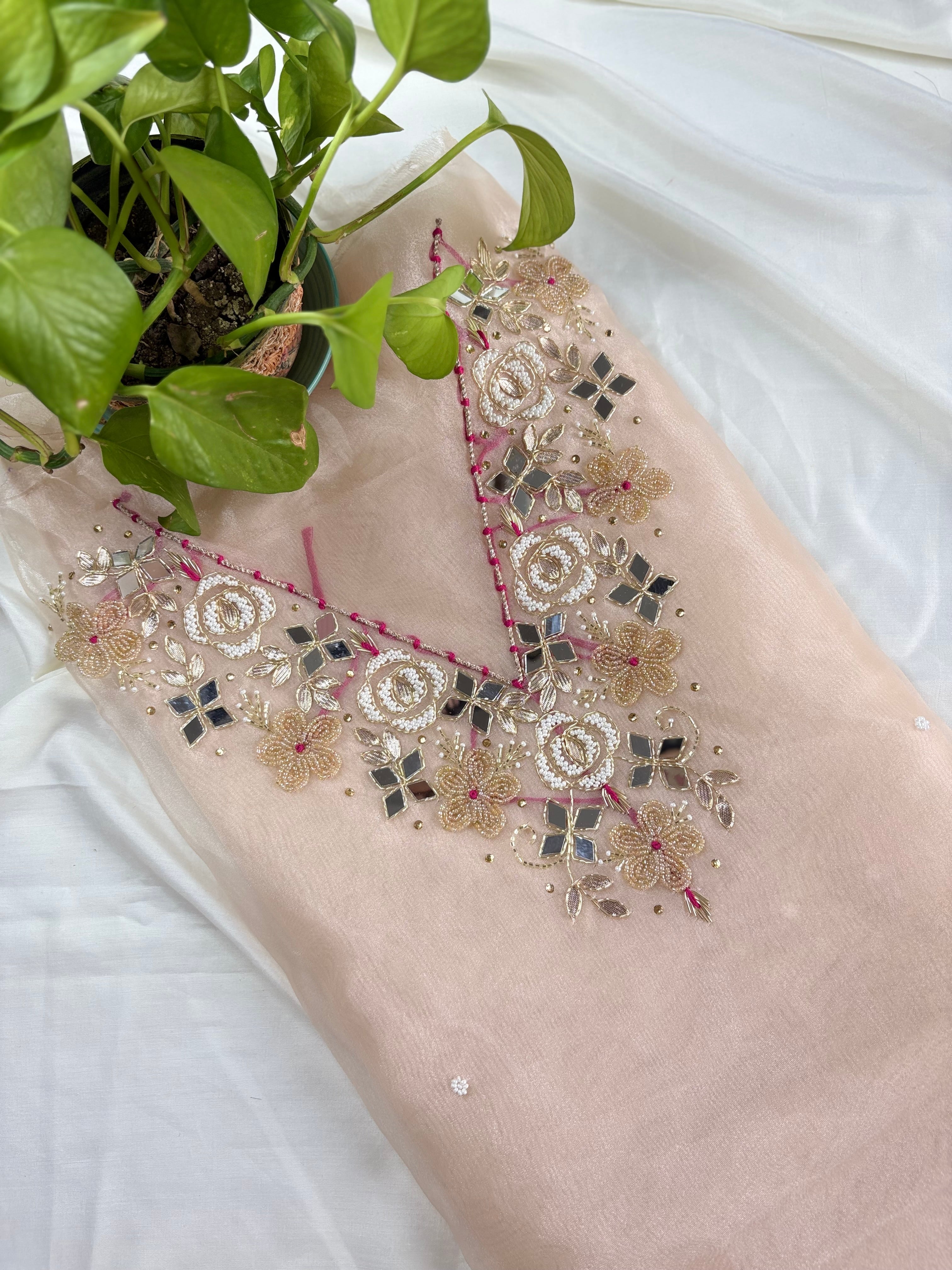 Oorja- Off White Organza Suit With Heavy Pearl Neck Work