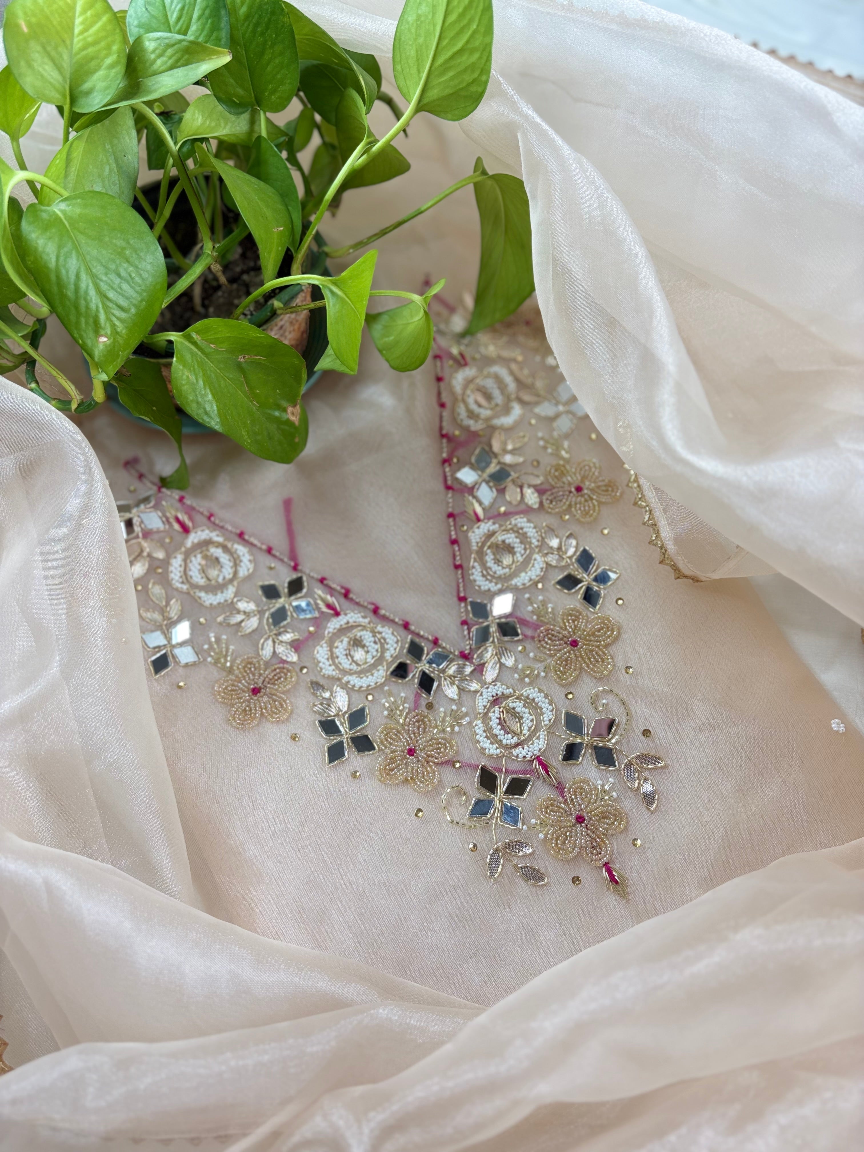 Oorja- Off White Organza Suit With Heavy Pearl Neck Work