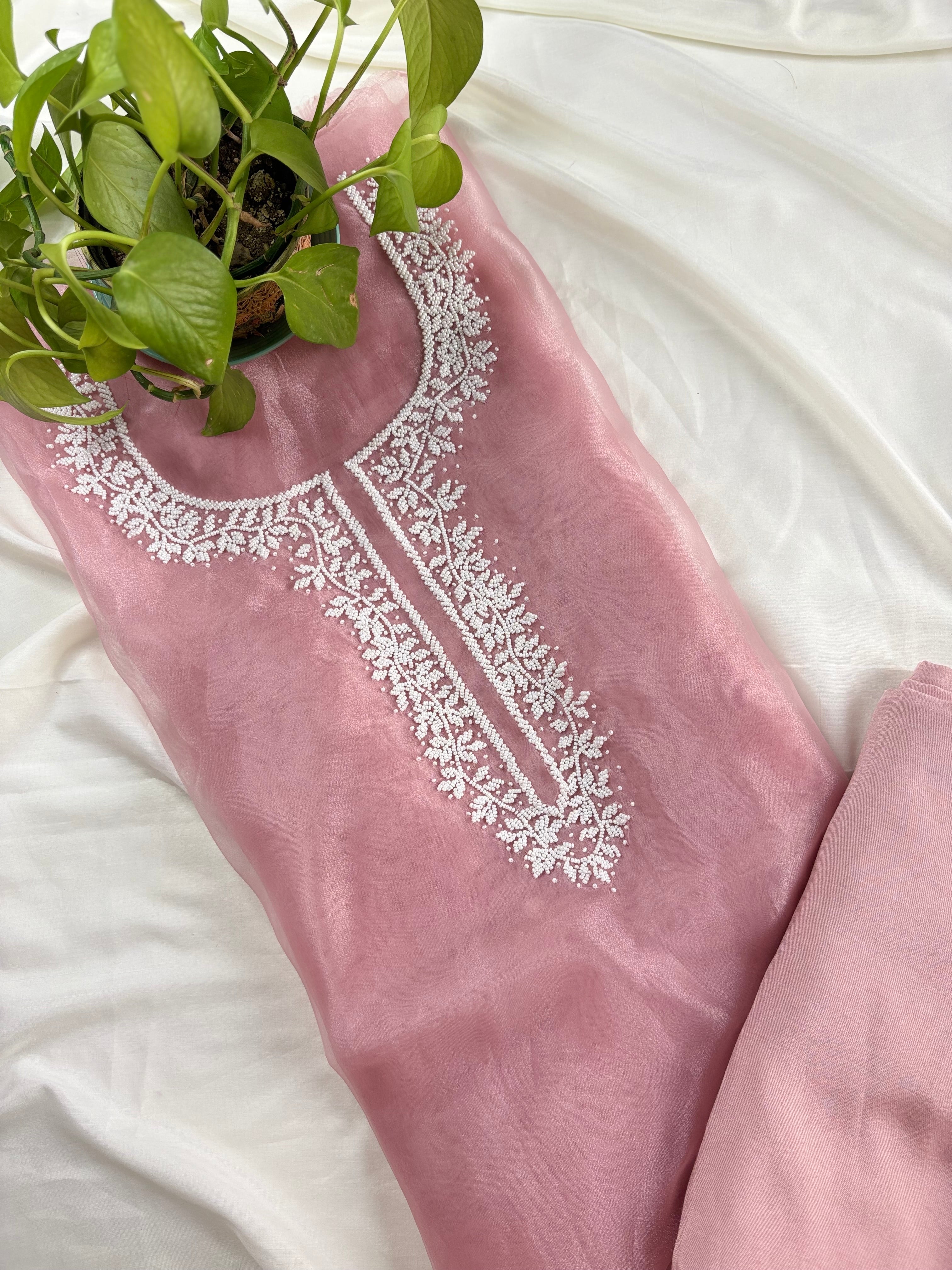 Pink Organza Suit With Heavy Pearl Neck Work