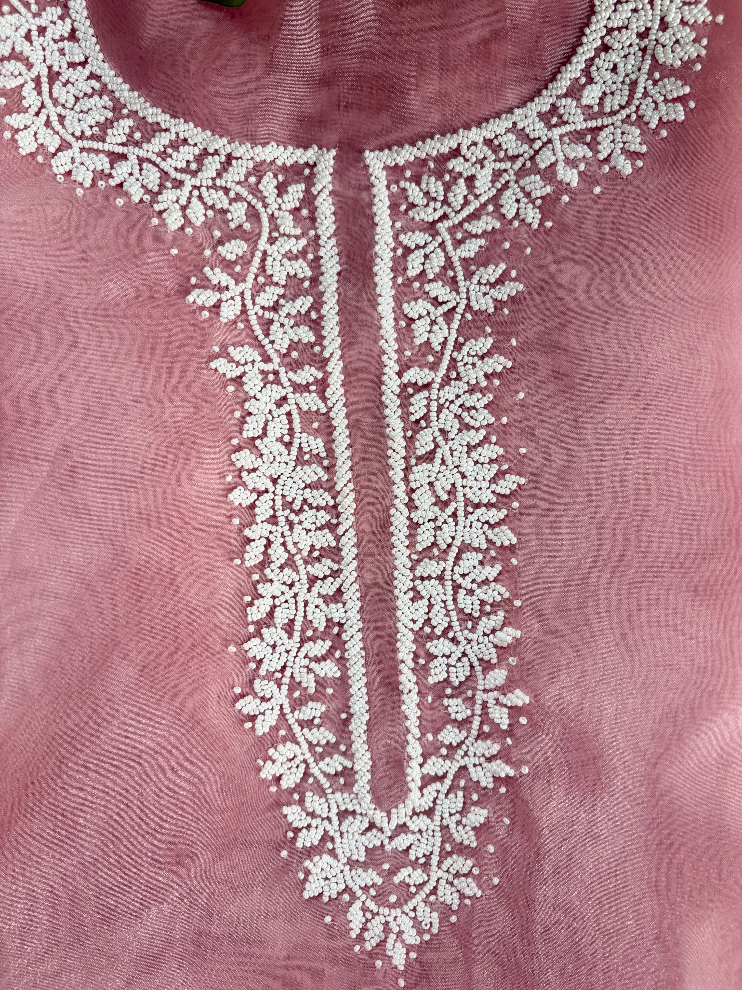 Pink Organza Suit With Heavy Pearl Neck Work