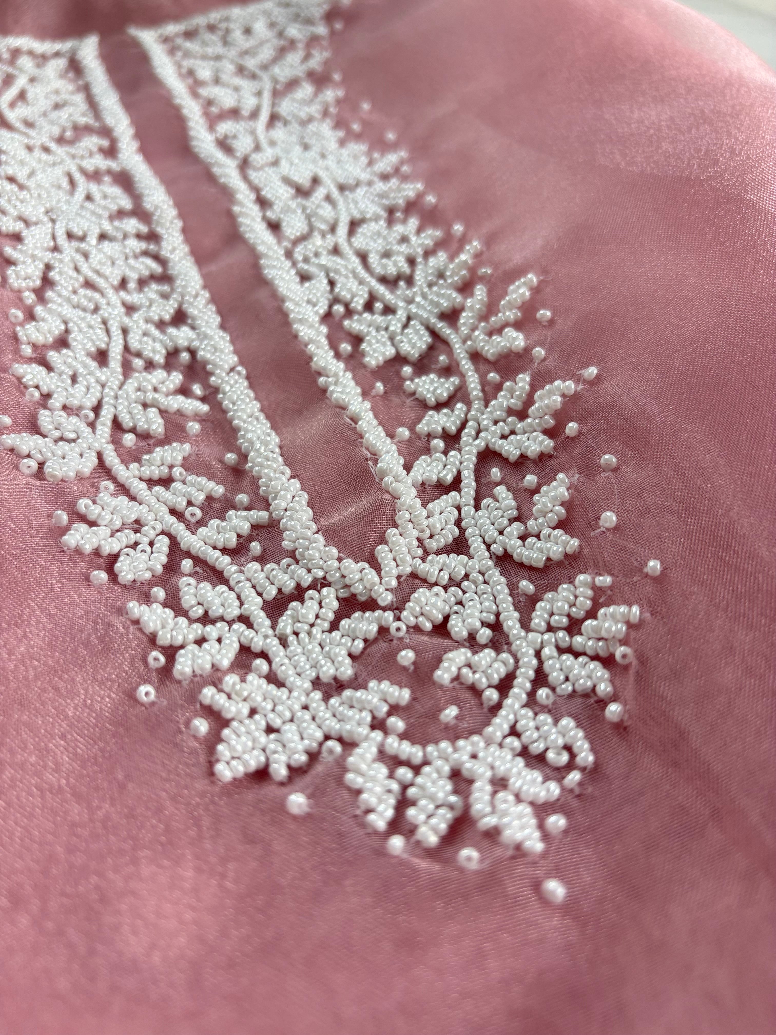 Pink Organza Suit With Heavy Pearl Neck Work