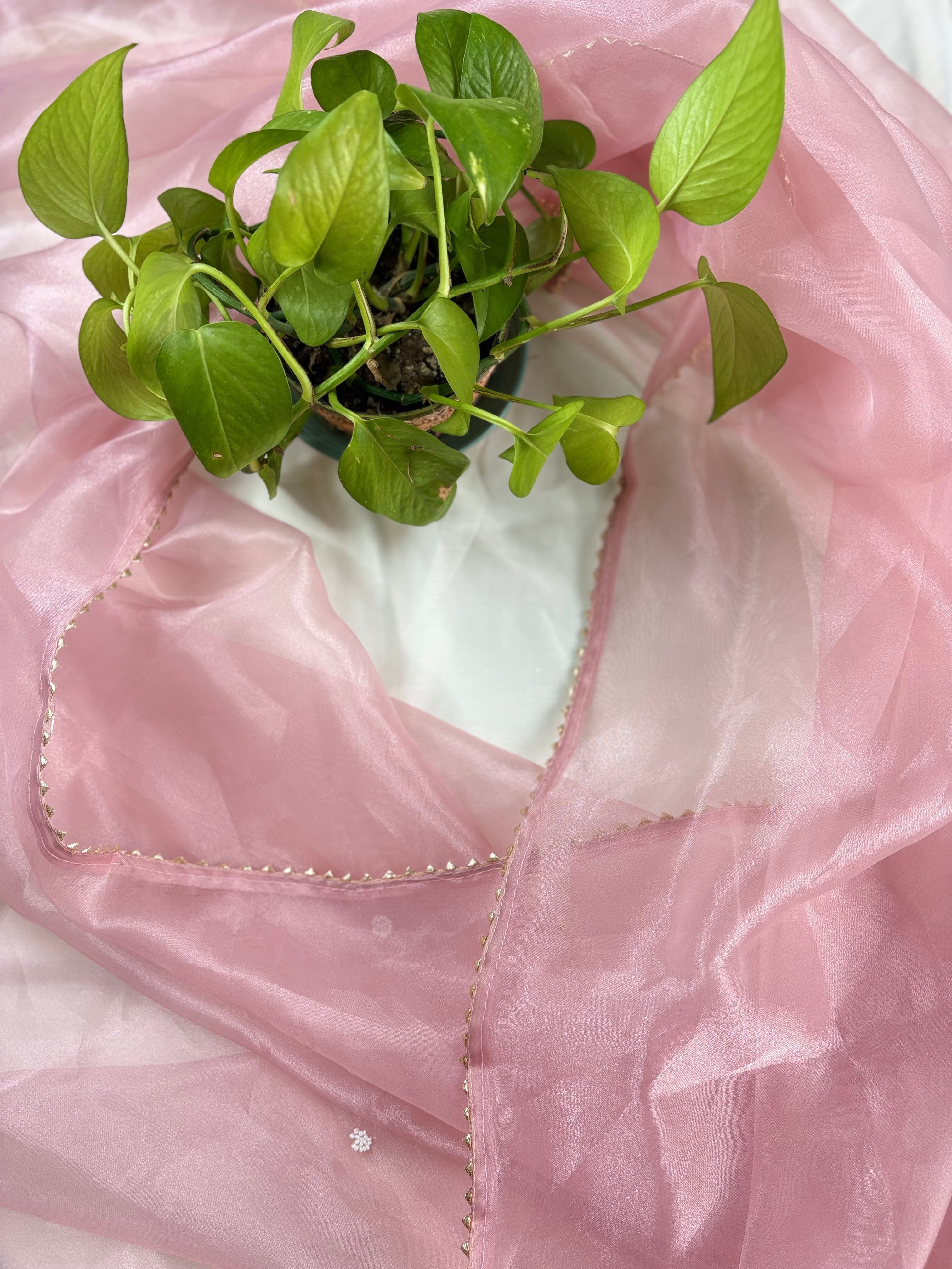 Pink Organza Suit With Heavy Pearl Neck Work